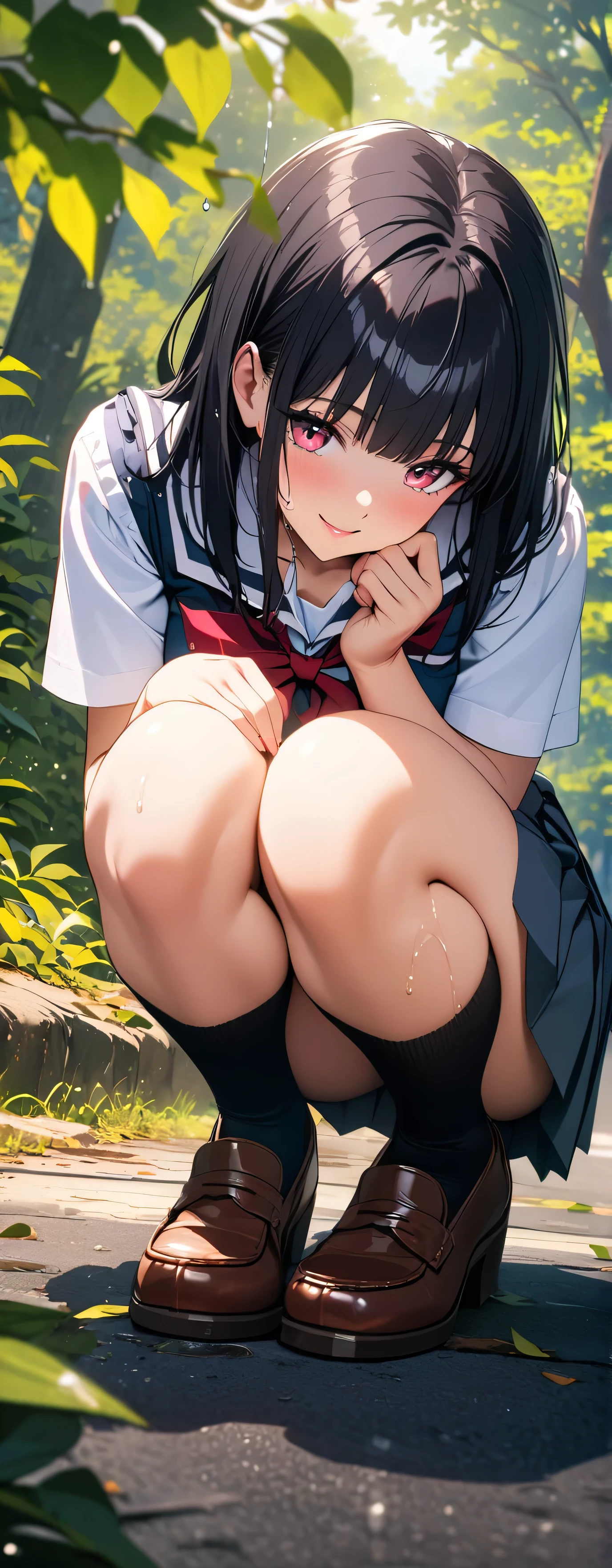 (beautiful girl: 1.3),1girl,masterpiece, Highest quality, Ultra-high resolution,rich contrast,super high quality,8k,Highly detailed CG unit wallpaper,texture,Incredibly absurd,Ultra-high resolution,RAW Photos,Depth of Field 1.2,overlooking,(magnificent panorama view:1.3),(High School Uniform&Pleated skirt:1.5),(blunt bangs,medium hair,Black Hair),Ultra-detailed eyes,sensuous,Glowing Skin,Glitter effect,Beautiful glossy lips,loafers,leaves dripping with rain,sunlight through trees,post-rain aroma,Sigh,look up,(wet),(Large Breasts),After the Rain,(squatting, spread legs),smile,head tilt