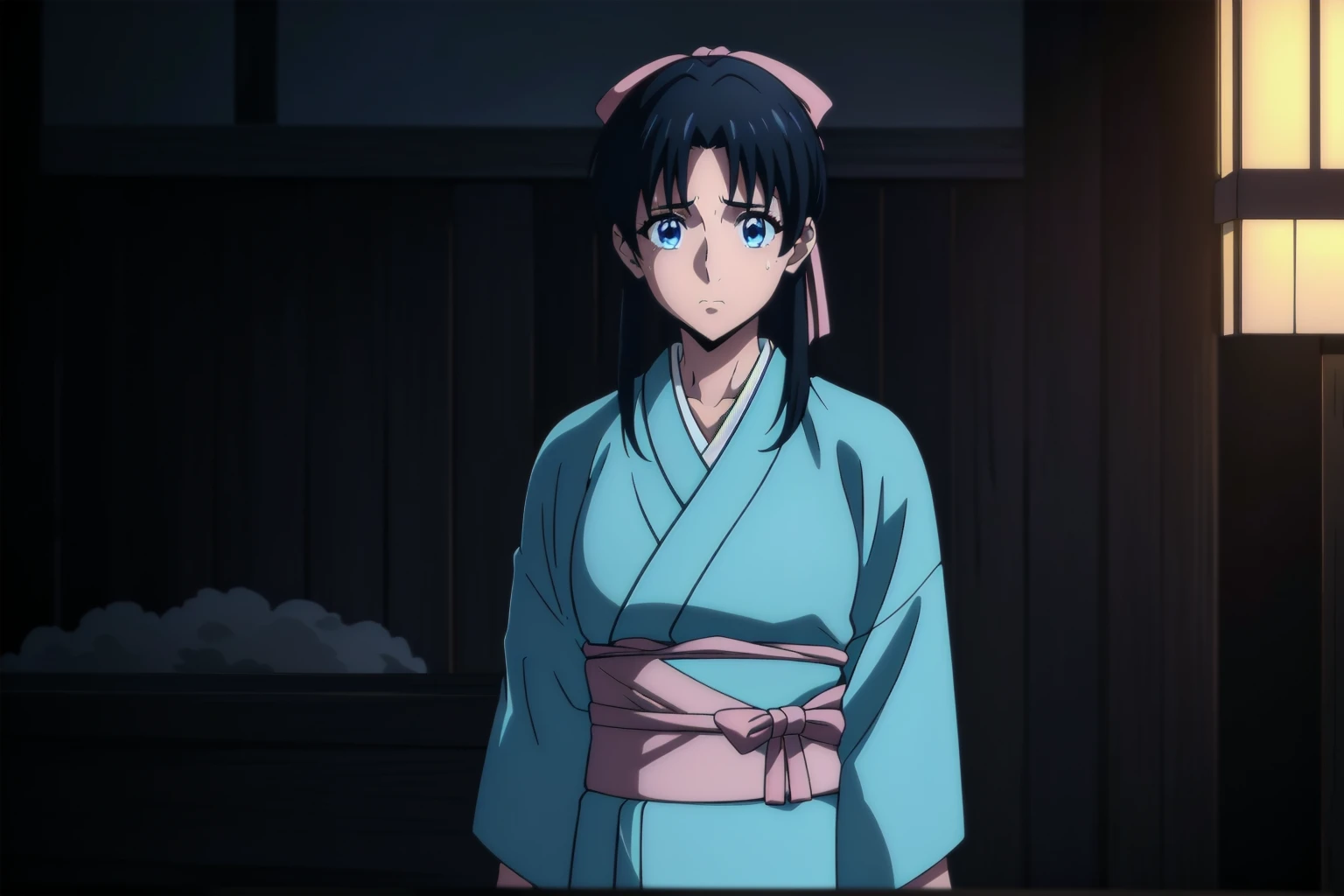 ((((Pink Ribbon、Full Body Shot、In front of the dojo、cloud、crowd、bow、Hair Ribbon、Clevis、Break Kimono、Light blue kimono、band、Bright lighting、Light blue kimono))))、(Loincloth、Big Breasts、Look Down、sweat、Turning away)、Best Quality, High resolution、Big Breasts、Sad expression、Please be careful when viewing、White Breath、A shy look、shame、Humiliating、Bad luck、、sweaty、White skin、((Cowboy Shot))Black Hairゴム、Kaoru、blue eyes, Black Hair, ponytail , break looking at viewer, break outdoors, break (Tabletop:1.2), (Beautiful detaileded eyes:1.6), extra detaileded face, Perfect lighting, (Perfect hands, Perfect Anatomy)、Mature Woman、Large areola、(masterpiece、Best Quality)、 超High resolution, (Realistic:1.4),(Realistic:1.4)、 (超High resolution:1.2), High resolution、完璧な傑作Best Quality, Family Friendly, Soft and dim lighting, addition_detailed, Good lighting、A highly detaileded、Highly detaileded CG Unity 8K wallpapers、Raising awareness、((beautifull detaileded face))、Side lighting、((Raising awarenessnbest))、Highly detaileded eyes、Perfect lighting、(1 person)、Just focus、Glowing Skin