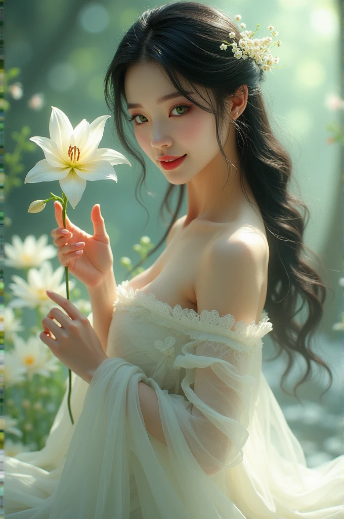 (Close-up of a better masterpiece:1.5)0.9], Of course! a painting  digital art,The image depicts a person submerged in water up to their chest, surrounded by white lotus flowers and green lotus leaves. The individual is wearing what appears to be a flowing, transparent gown, and one delicate hand is placed over her chest. The water has ripples and reflections that suggest movement, adding a dynamic quality to the scene. The overall mood of the painting is serene and somewhat mystical, with the dark color palette contrasting with the bright white of the lotus flowers.