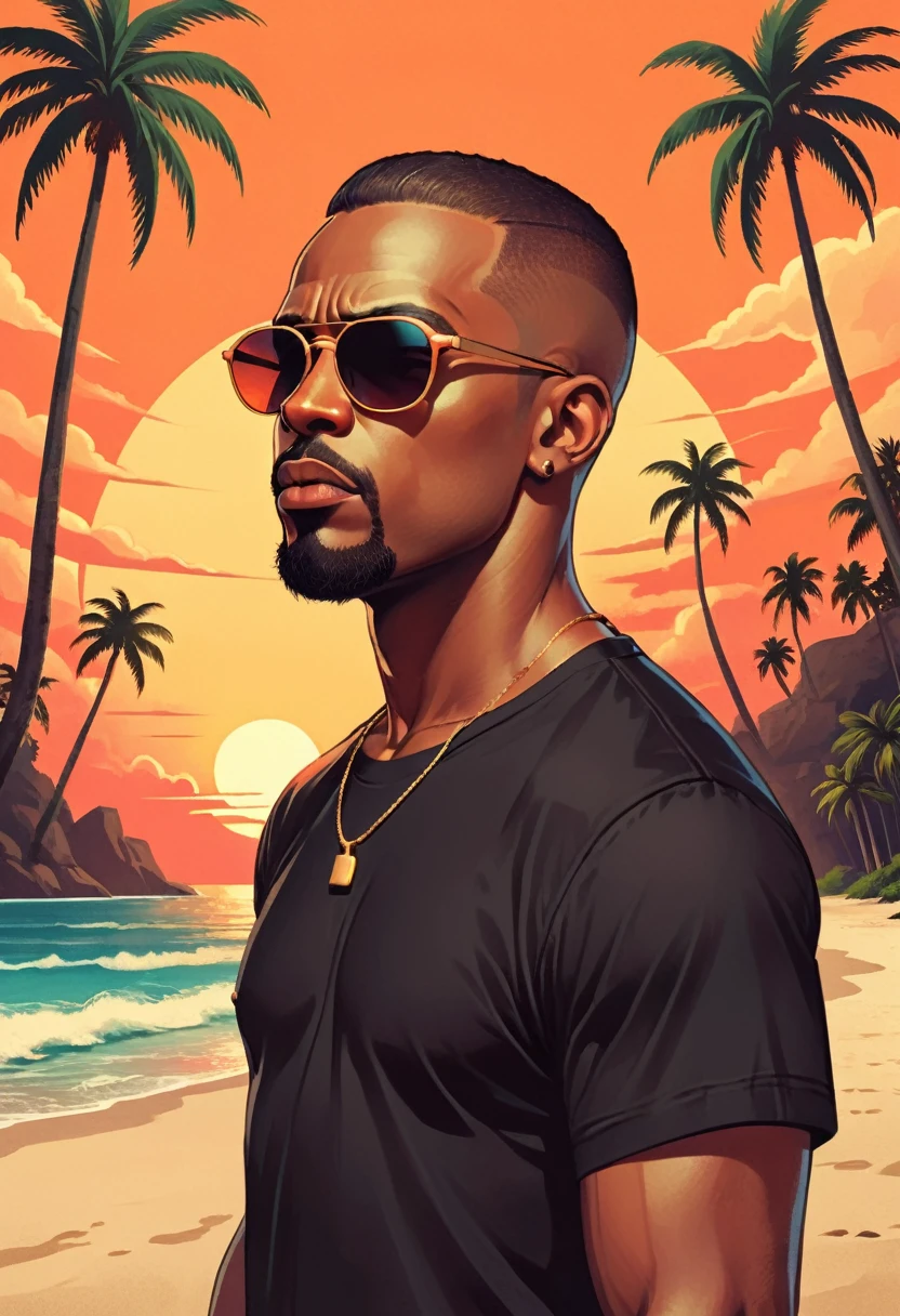 retro_t-shirt, Black man, male face in profile, raised chin, shaved hair, black man, sunglasses, black basic shirt, white shorts, goatee, random pose, tropical, with a sunset in the background, beach and palm trees, flat lay, retro colors,