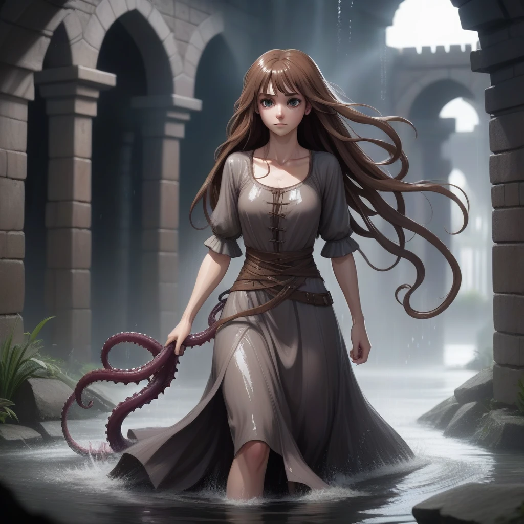 最high quality,high quality,,Long Hair,Brown Hair,Wet Hair,Flat chest,Dark underground labyrinth,No light,Medieval Long Dress,Tentacles in the skirt,Rampage,run away