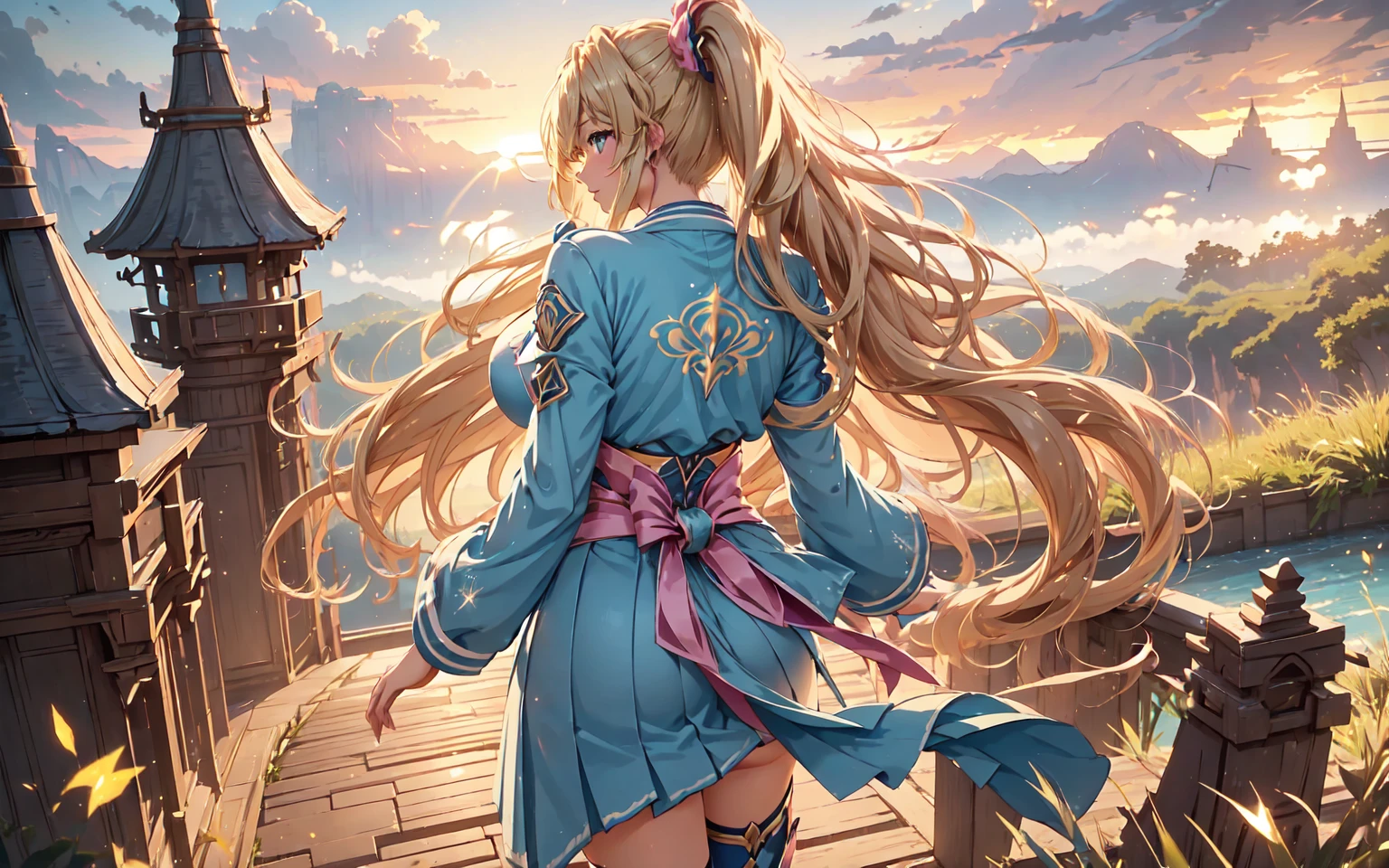 (Tabletop),(Highest quality), shrine_stone stage_torii、kimono_blue,band_yellow,((Turn your back,Rotated)),One mature woman,Long Hair_ponytail,Blonde,Blue eyes big ass，Abnormally large breasts，Textured skin、Highly detailed eyes and face、Beautiful and fine details、double eyelid、Large file size、High resolution、Highly detailed skin、Highest quality、8k wallpaper.