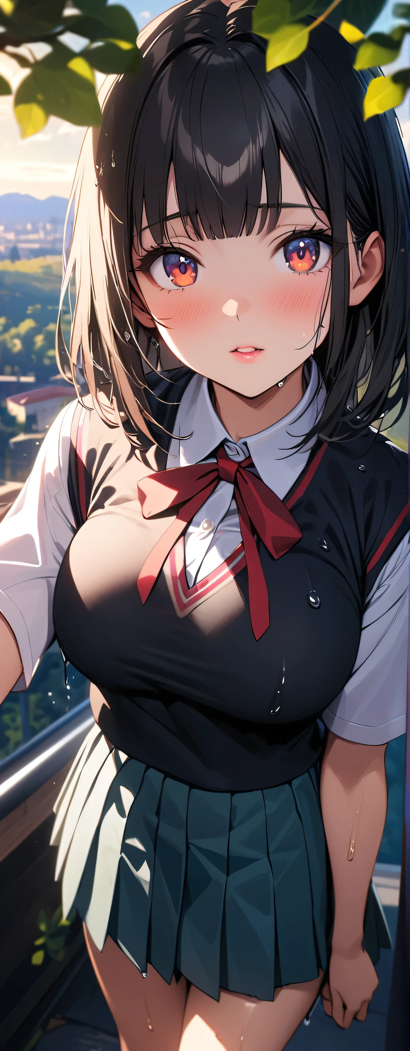 (masterpiece:1.3, Highest quality, Ultra-high resolution, Very detailed), (Realistic:1.1, photoRealistic:1.4), Beautiful illustrations, Perfect lighting,Written boundary depth, Beautiful detailsまでこだわった髪, Beautifully detailed face, Beautiful details, Beautiful clavicle, Beautiful body, Beautiful and juicy breasts, Beautiful thighs, Beautiful legs, View your audience, 1 person,Perfect Face, (Perfect Anatomy, Anatomically correct), Cute and symmetrical face、Baby Face、((Shiny Hair)),(Beautiful views),(Outdoor, Blurred night cityscape),(かわいいsmile, smile)、Sexy Body、(masterpiece),(Highest quality：1.3),8k,Very clear,(Ultra-realistic), One Girl,Wide Shot,((Large Breasts)),Wide Hips,Beautiful legs, Captivating woman、(masterpiece、Highest quality、Very detailedな)、((1 person))、((Short black hair))、black eye、((とてもLarge Breasts))、((((Japanese school girl uniform))))、((Bra that shows through the shirt))、((Wet clothes))、(((Uniforms sticking to the body in the rain)))、Cowboy Shot、