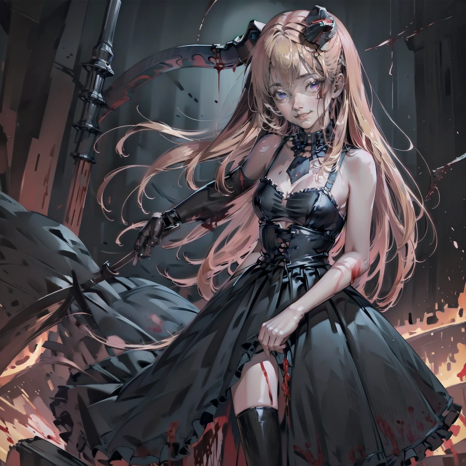 , Perfect Eyes, Soft Light, high quality, 4K resolution, Masterpiece: Finely textured skin, Attention to detail, 最high quality, Awards, Very detailed, high quality, devilの女王、Goat with horns, Gothic Dress, Living in the depths of hell, Lava flow, Blue long hair, Bright Blue Eyes, Red High Heels, Navy Blue Dress、Shadowed face　、Have a weapon、Staring at the audience with a frightened expression、beautiful girl、とてもcute天使、Pink Gothic Fashion、cute、baby face、smile、Long skirt、Black long boots、.(最high quality,4K,High resolution,masterpiece:1.2),Very detailed,Realistic:1.37,Spooky altar background,Dark fantasy,Red color scheme,Ominous atmosphere,Eye-catching,Storytelling,anatomy,Anime Style,Concept Art,beautifulAttention to detail顔と (((Red eyes ))),A terrifying ritual ,devilの儀式,Premature death,Inappropriate behavior,クレイジーなsmile,Scythe Face,Girl Monster, beautiful, Delicate facial features, Sharp Eye, Sharp Fangs, pale Skin, Dark Background, Cinema Lighting, Dramatic Shadows, Gothic style, Gloomy atmosphere, Dark fantasy, One person&#39;S, Please open your mouth wide, Open your mouth and baring your teeth,Sharp teeth like a beast, Wide lips, Very wide mouth, Red cheeks, ,(Blood splatter:1.4),Scary smile, smile,Angel Design, TwiSted smile、Bloody、Head bleeding,,,,,、Blood splatter、,(Blood splatter:1.4),skull,devil&#39;s gun,Horror Style, ((Fantasy Sweet Ta Frill Pink Costume)), ((Flowing blonde hair)), ,(Blood splatter:1.4),Female Curves, Sexy flat stomach, Perfect hands, Perfect anime character face, (Pink Tata Dress)), Standing, ((邪悪なsmile)), ,(Blood splatter:1.4), Steam circulation, Moonlight Illumination, night lighting, (Blood splatter:1.6),アニメAngel Design, TwiSted smile、Bloody、Head bleeding,,,,,、Blood splatter、,(Blood splatter:1.4), skull,Gothic architecture、Western architecture、ファンタジーのworld、,Victorian city, Skeleton Gas Light,Absurd, High resolution、 ((Tabletop)), ((最high quality)), (Very detailedな), ((Very detailed)), (beautiful), ((cute)), (NFSW:1.8), One personで,(:1.6)、(world&#39;最も恐ろしく不気味なdevilの少女:1.5)beautiful face、Full Body Ezbian、pale, beautiful肌、beautiful金の髪、smile gently、Dark building ruins、(snow white&#39;Frill dress:1.3)、(The dark ruins are stained with blood:1.3)、Low angle full body shot、(少女は血の池の中にStanding:1.5)、(The ground is full of blood:1.3)、(The girl lost a lot of blood.....:1.3)、(クレイジーなsmile:1.6)、Spirits、(Blood dripping from the mouth:1.3)、
