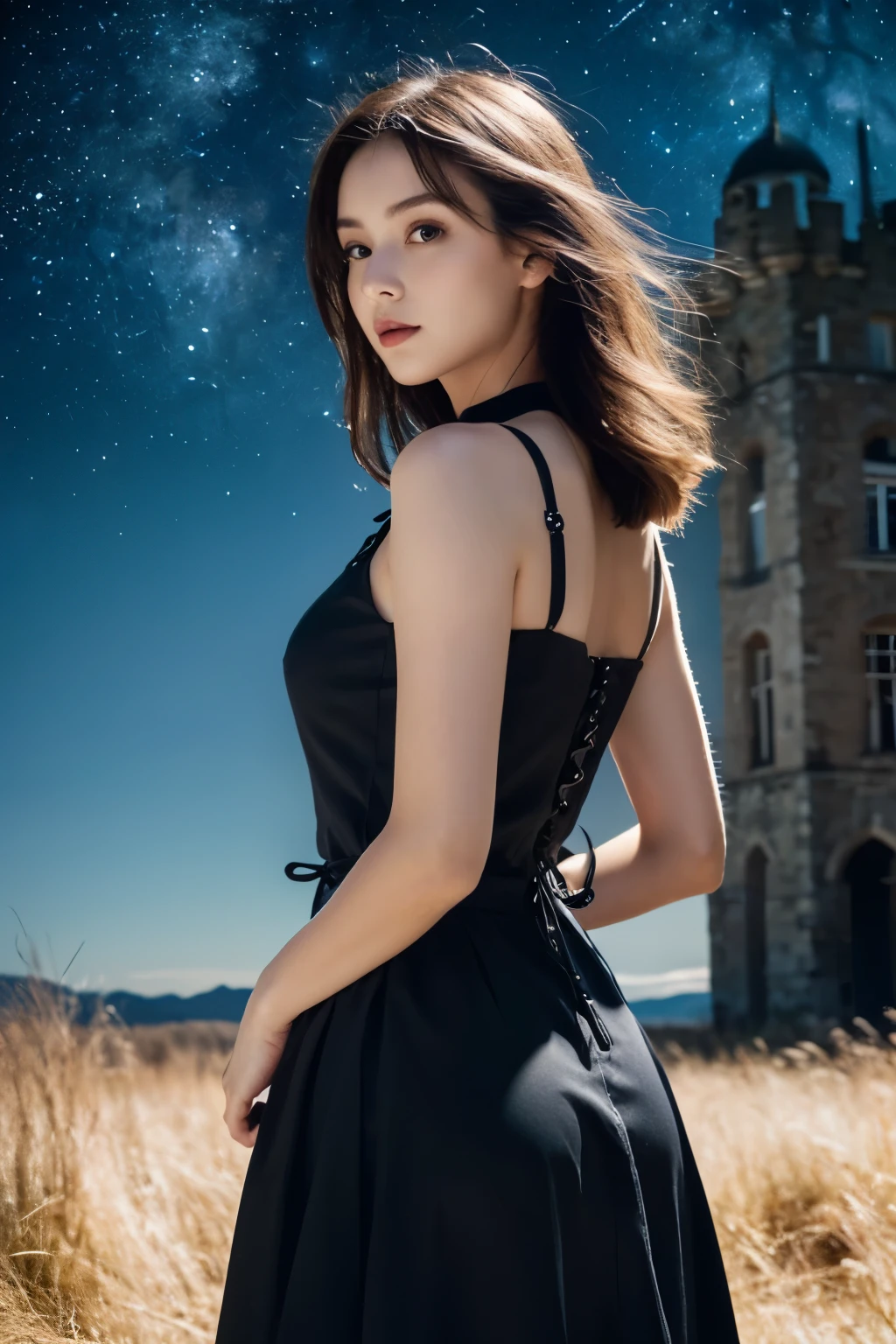 1 girl, (She is wearing a gothic black dress.:1.2), Very beautiful Japanese idol portraits, (RAW Photo Best Quality), (Realistic, Realistic:1.4), (masterpiece:1.4), 
Very delicate and beautiful, Very detailed, 2k wallpaper, wonderful, finely, Very detailed CG Unity 8K wallpaper, Very detailed, High resolution, Soft Light, 
Beautiful detailed girl, Very detailed目と顔, Beautiful and sophisticated nose, Beautiful beautiful eyes, Cinema Lighting, 
(She is standing in front of an abandoned medieval castle:1.3), (Night Sky, milky way), (Girl full body silhouette:1.2), (Dark screen:1.5), (Desolate landscape), (I am so lonely),
(Medium Hair), (Hair blowing in the wind), (From behind), (Please show me your ass),
Perfect Anatomy, Slender body, Small breasts