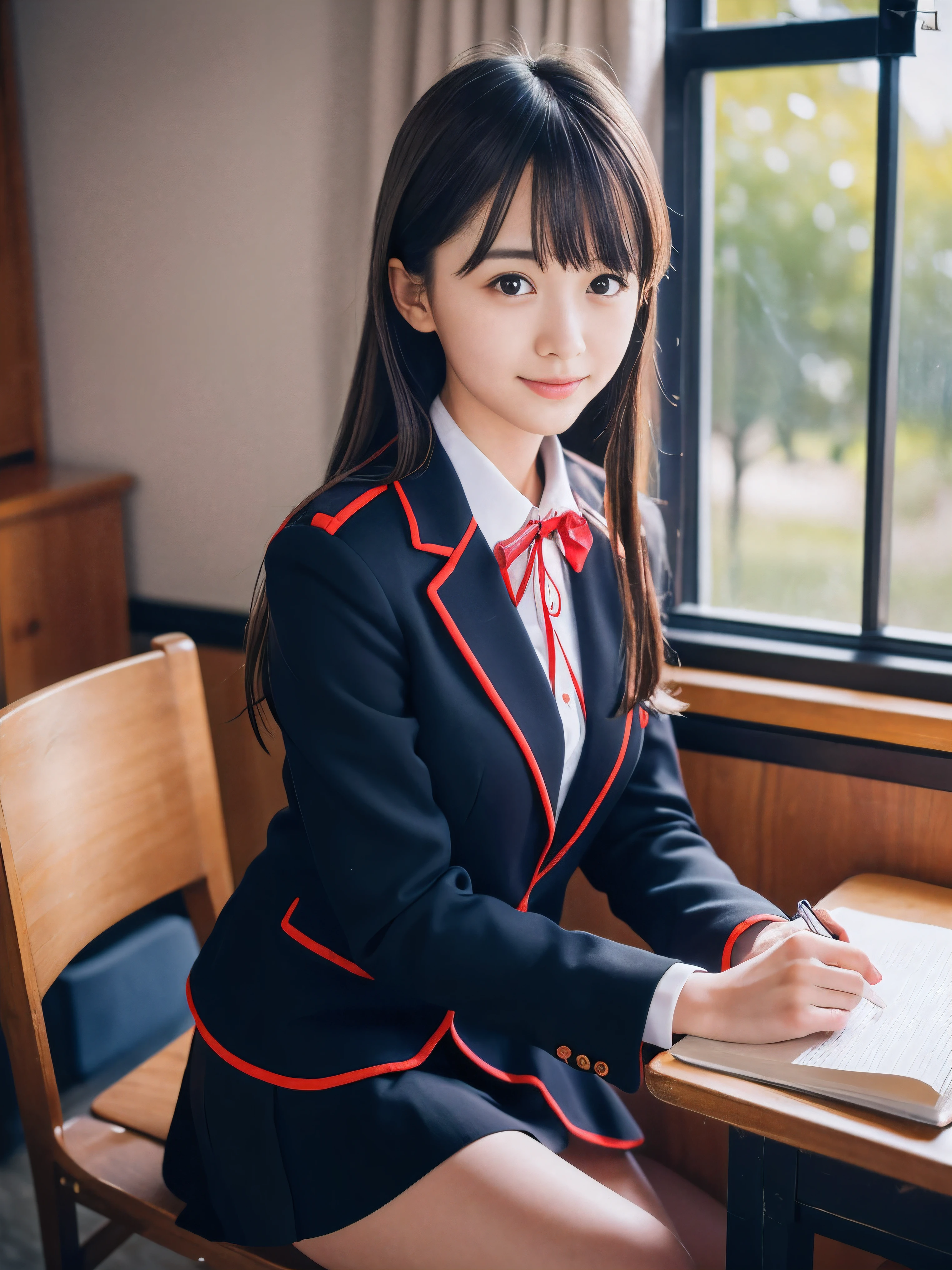 (Portrait of one slender small breasts dark silver long hair with swept bangs girl in a black blazer uniform with a red trimmed collar and black skirt:1.5)、(A girl is reading the book on the chair at the desk and writing words on the notebook with small smile in the old classroom of high school in Japan:1.5)、(Uniform with a black blazer and a skirt with a red edging collar:1.5)、(blurred background:1.5)、(Natural light:1.5)、(8k ultra detailed master piece:1.5)、(perfect anatomy:1.5)、(Photorealistic stick:1.5)、(Raw photo:1.3)、(highest quality:1.5)、(High resolution:1.3)、(Delicate and beautiful perfect face:1.3)、(Delicate and beautiful eye air skin:1.3)、(Real Human Skin:1.3)、((thin legs))
