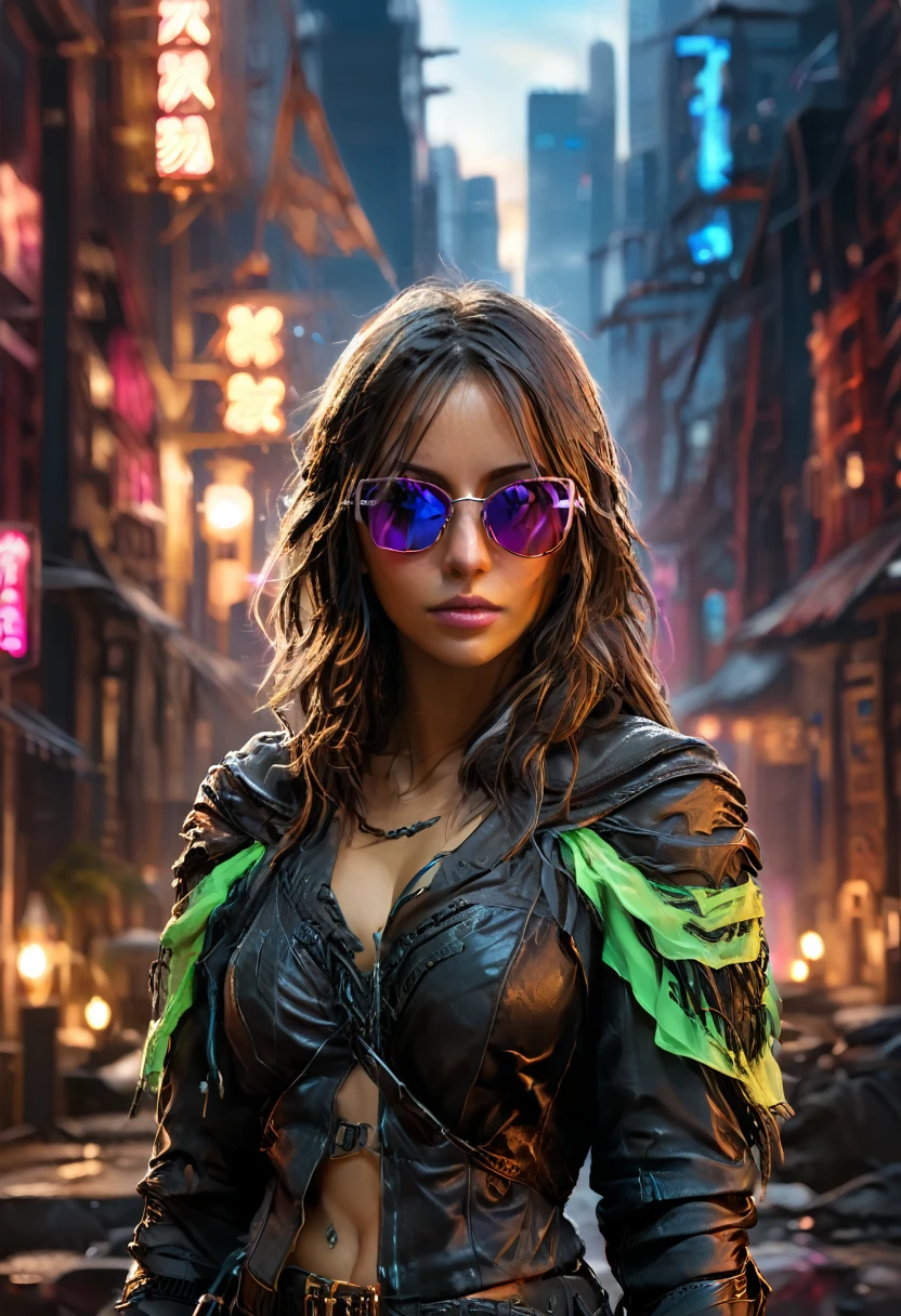 Cyberpunk，Female Model，sunglasses，The street behind，Skyscraper，Neon，Ultra-fine details，photography，4K