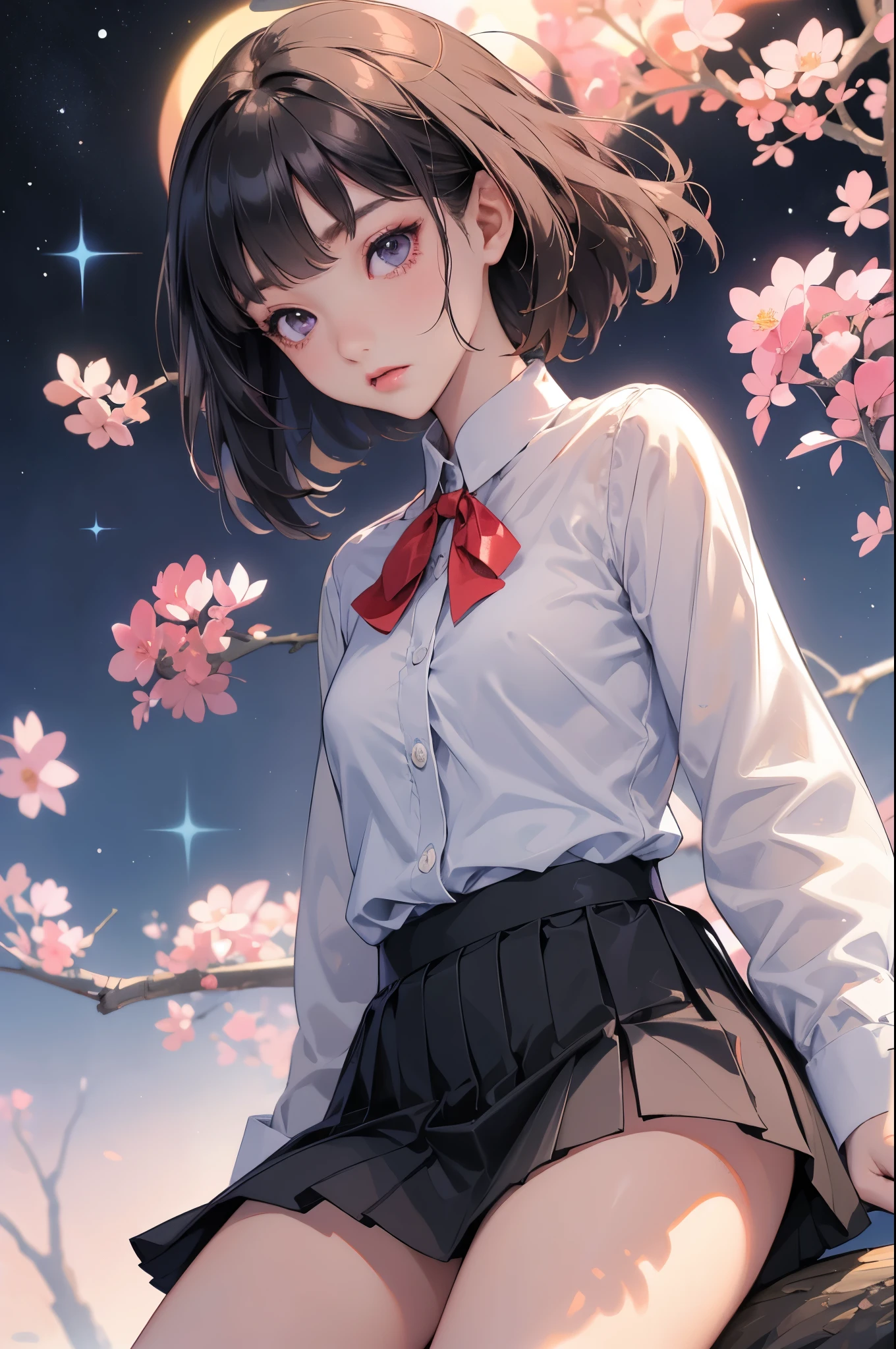 masterpiece、High resolution photo quality、8k、Japanese women、Beautiful woman、Pleated mini skirt、((Very small bust)),A fitted blouse、Black knee-high socks、Red cheeks、Big eyes、Embarrassed look、Flip up the skirt、Showing white panties、Sit with your knees bent