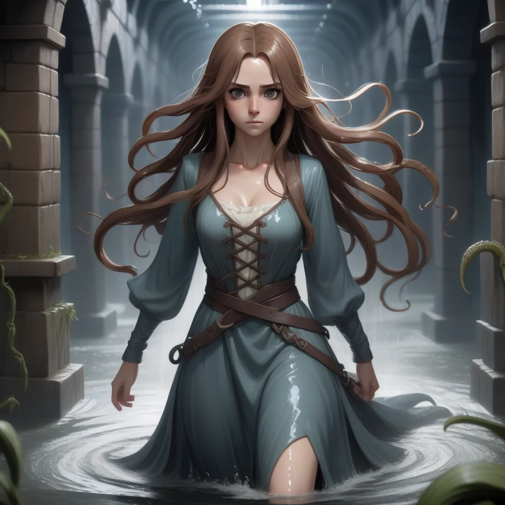 最high quality,high quality,,Long Hair,Brown Hair,Wet Hair,Flat chest,Dark underground labyrinth,No light,Medieval Long Dress,Tentacles in the skirt,Rampage,run away