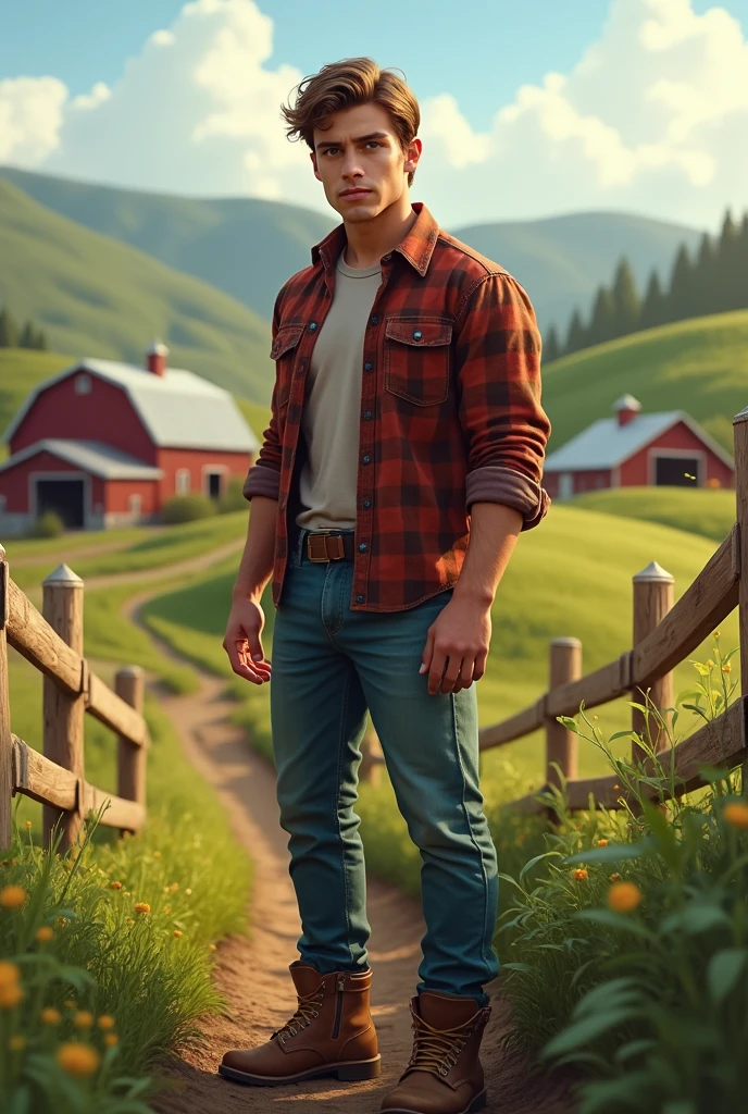 Book cover A Korean Man, brawny, with a red plaid shirt unbuttoned to mid-chest and the shirt sleeves rolled up to the elbow. Left arm tattoos on a farm, a woman with hip-length red hair animation