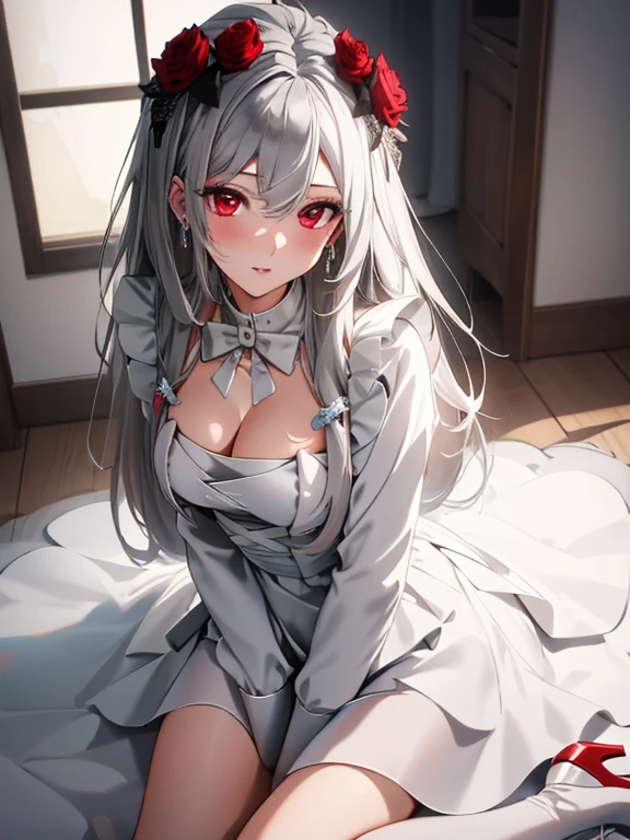 big breasts，突出big breasts，特写big breasts，Wearing maid outfit，blush, surprise，look at me，looking at the audience，sitting，kneeling，Place on the bed，Knees together，internal figure eight，red pupils，Lace tights，beautiful hair、 beautiful eyes、 beautiful skin、beautiful legs、beautiful arms、perfect fingers、 very cute，white hair, long hair，white cat ears, white cat tail,best quality，high resolution，top quality，pink bows，slender eyebrows，hair slightly moist，On a very large white bed, white pillows，perfect waist，Skirt has cutouts at the end，Pouting，The clothes are a little wet，little girl，very young，18 years old，shy smile，Long messy white hair tied up，tempting pose，chiaroscuro，bare shoulders，????? room，slit sleeves，There are a few drops of water on the breast，bare legs，barefoot，Ray tracing，disdainful expression，Beautiful girl alone，Most of the body is exposed，pink miniskirt，Gently lift up the skirt with both hands，shy expression