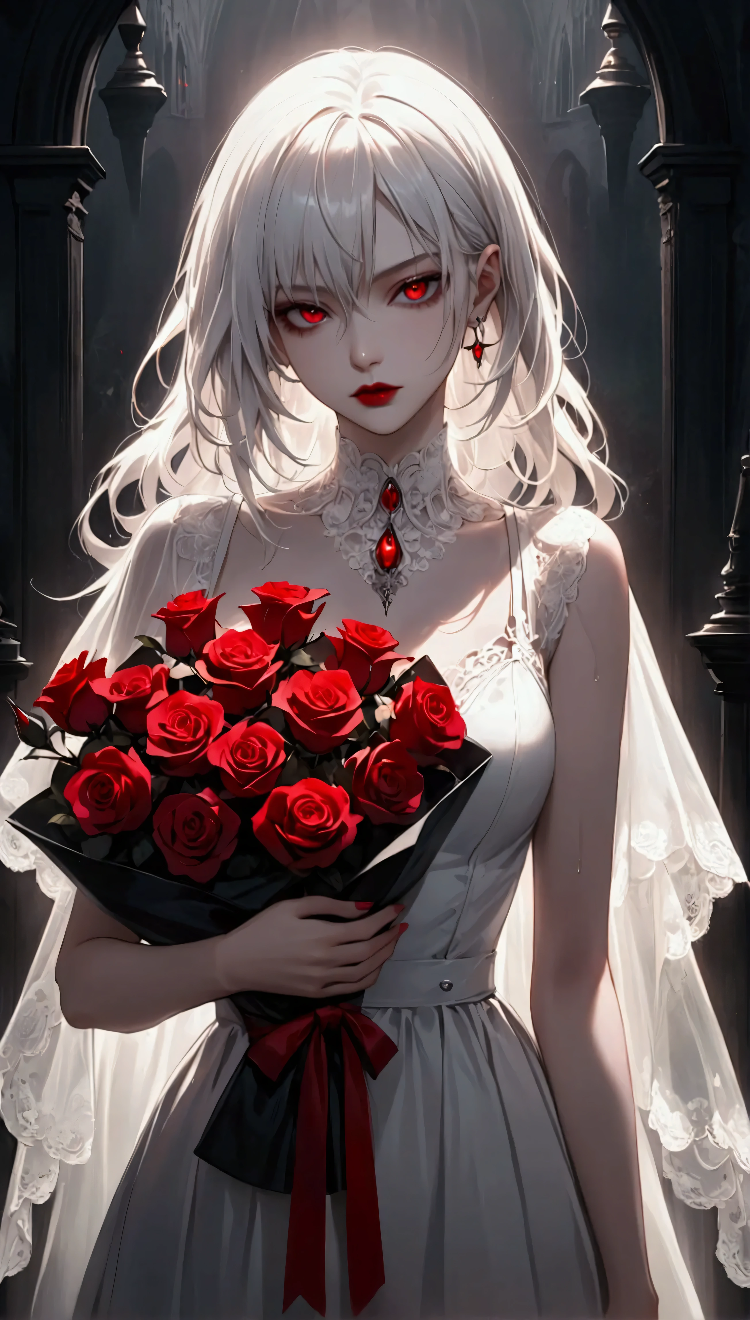 A striking female vampire stands against a dark, shadowy background. She has short, sleek white hair and glowing red eyes that pierce through the darkness. Her lips are wet with red stains, a sign of her recent feeding. She is dressed in an elegant, gothic white dress adorned with intricate lace details and vibrant red roses, which contrast sharply with the eerie atmosphere. The image captures the eerie beauty and deadly allure of the vampire, with every detail rendered in high fidelity and ultra quality. The overall composition is a masterpiece of visual delight, worthy of an award-winning digital artwork.