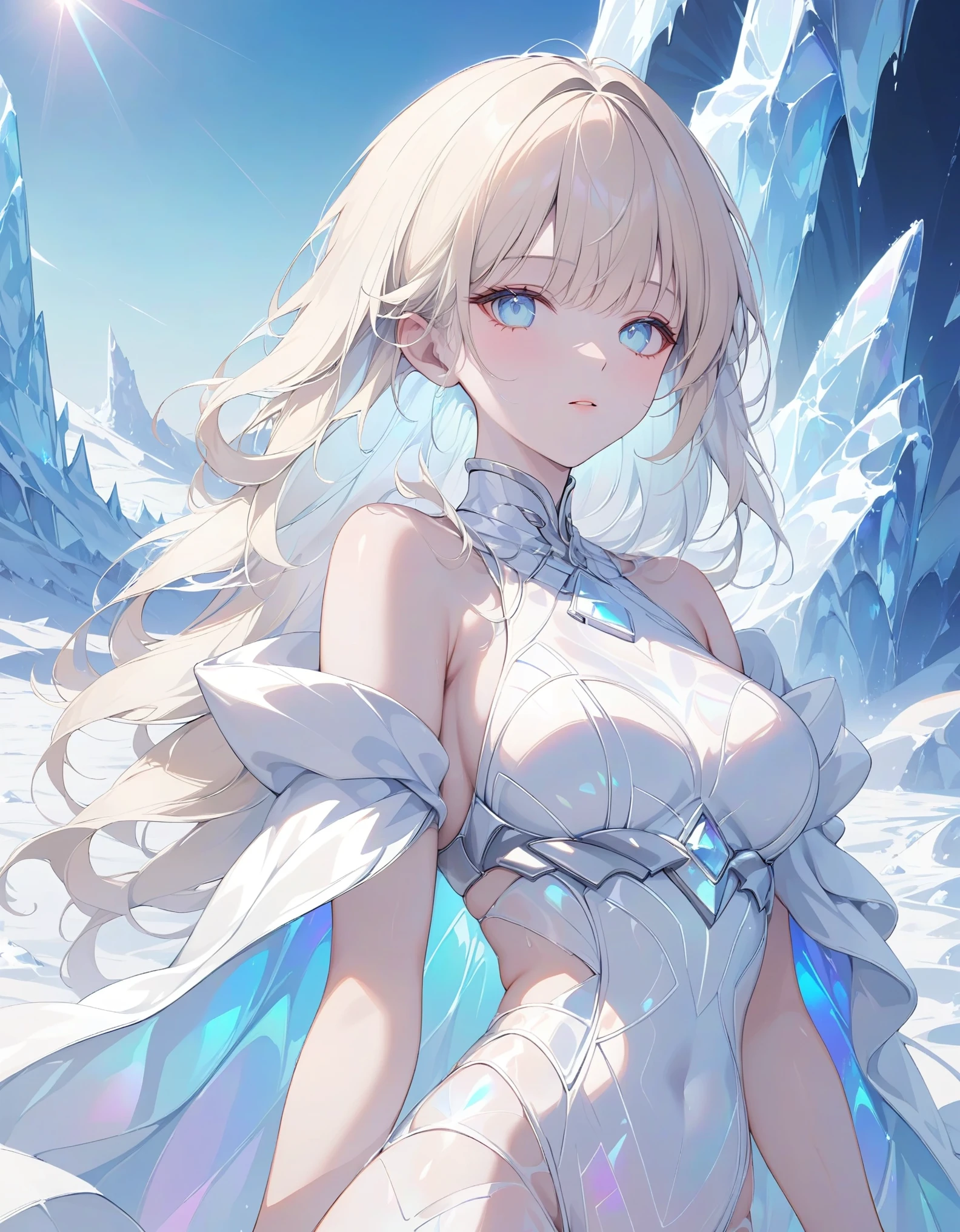 close-up, 1girl, solo, cascading platinum blonde hair, icy blue eyes, porcelain skin, futuristic white jumpsuit with glowing circuitry patterns, flowing iridescent cape, standing in a frozen landscape with icy structures and shimmering snowdrifts, masterpiece, best quality, very aesthetic, absurdes.
