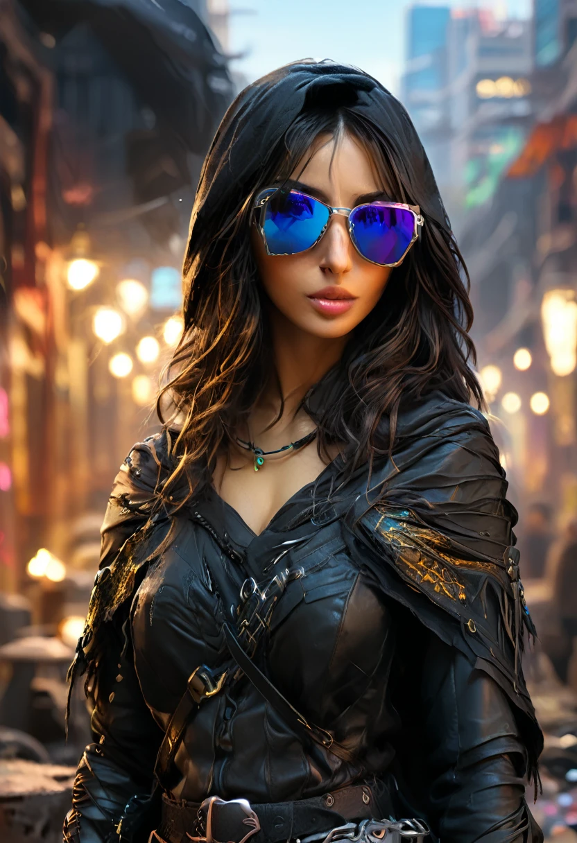 Cyberpunk，Iranian female models，Wide black frame sunglasses，The street behind，Skyscraper，Neon，Low camera shooting，Ultra-fine details，photography，4K