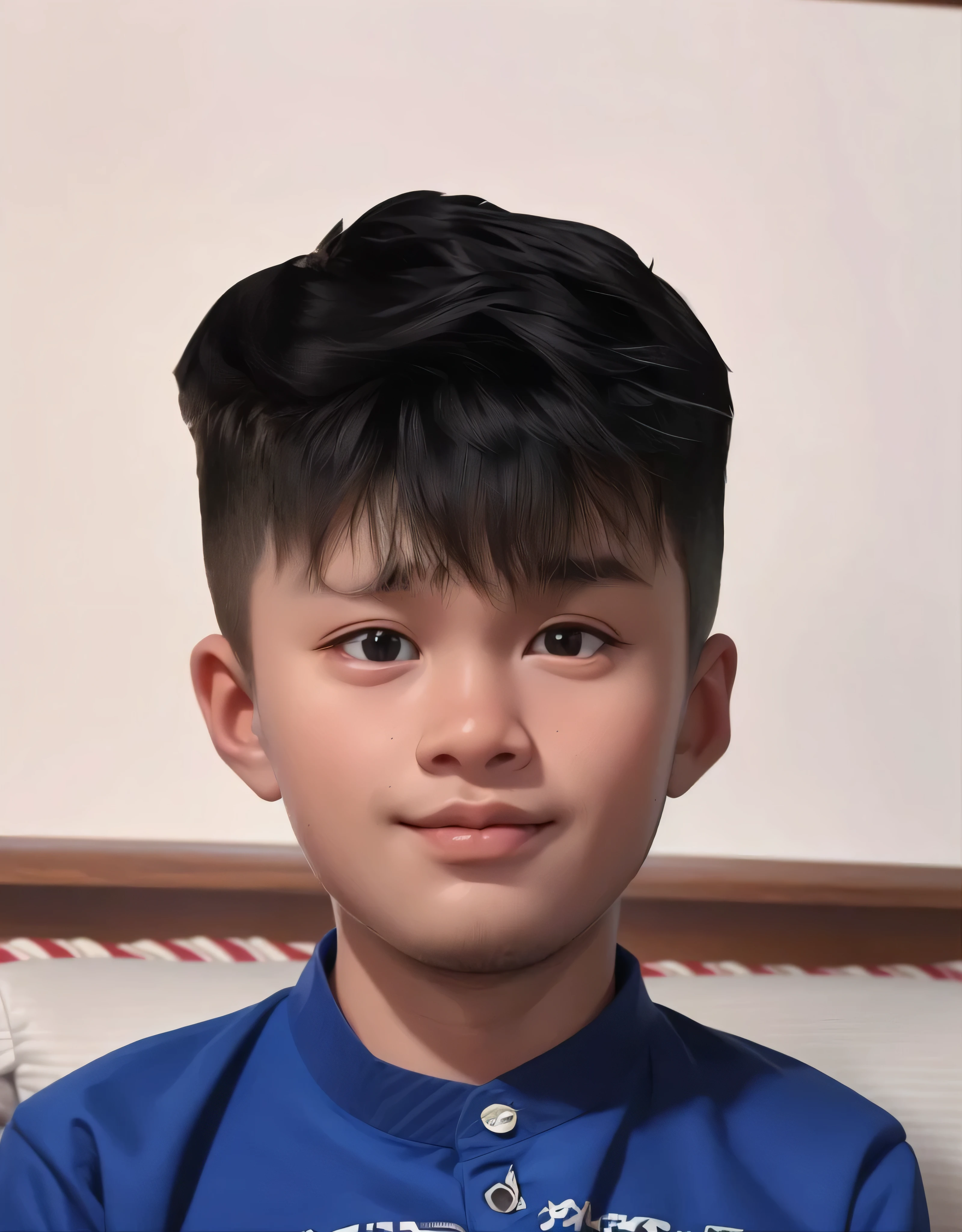 there is a young boy with a blue shirt and a black tie, detailed face of a asian boy, south east asian with round face, with accurate face, realism artstyle, boy has short black hair, young cute face, realistic portrait photo, yanjun chengt, young boy, photo-realistic face, by Abidin Dino, potrait, caricature illustration, full protrait, potrait, caricature style, chibi, caricature!!!, foto realistic, 3 d, 3d, charactor, photo 3d, 3d render