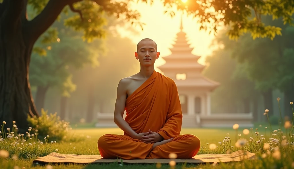 buddhist monk meditating, not to the center, clear facial features, bright colors, light particles, with bright light, Mushhiv, wallpaper art, UHD wallpapers, vivid atmosphere, near an old house, village