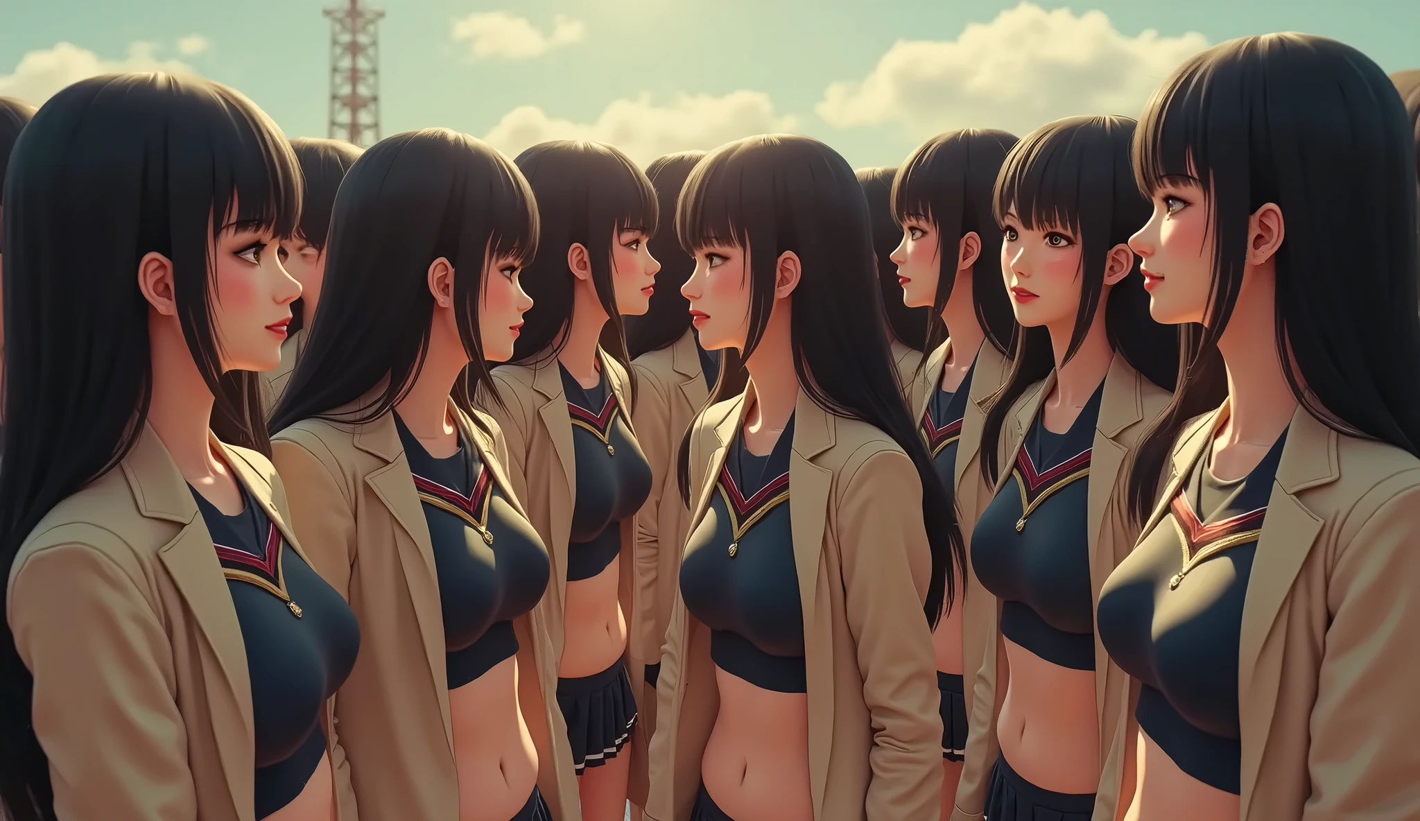 highest quality,High resolution, 8K, cute teenage dark skin girl, Cute ponytail, perfect skin, small breasts, sailor suit, ((ebony:1.4)), In a crowded train, (white crowd around:1.4). (small breasts:1.5), (topless:1.3), nipples
