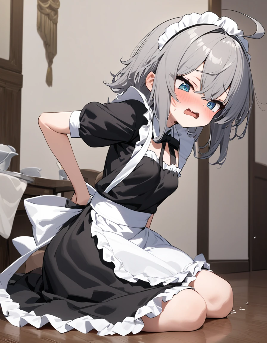 NSFW,koneko toujou (dxd),Gray Hair,short hair,(Maid clothes:1.2),(cropped:1.5),Micro Mini Skirt,garter belt,(Embarrassed:1.5),blush,(Estrus:1.3),(sexual excitement:1.5),(Ecstasy face:1.5),(orgasm:1.3),(Perfect hands),(Perfect Anatomy),(masterpiece),(highest quality),Coffee shop,One man,(Doing sex:1.5)