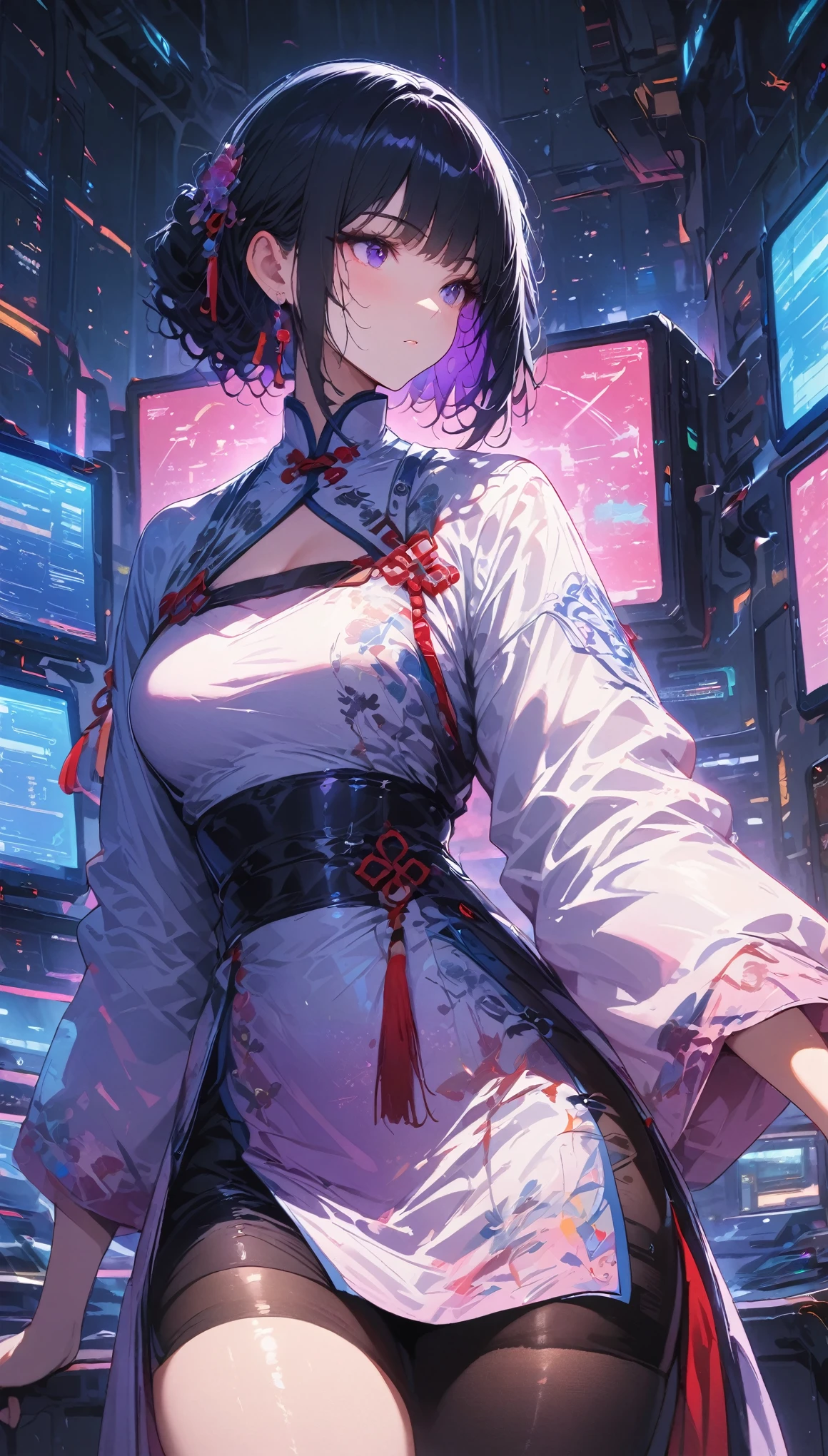 (Highest resolution, Clearly_image), best quality, masterpiece, Very detailed, semi-realistic, Black短发, Commander Cheng in Hanfu, triple bangs, Black, Black百褶裙, , spaceship space, control room, cyberpunk