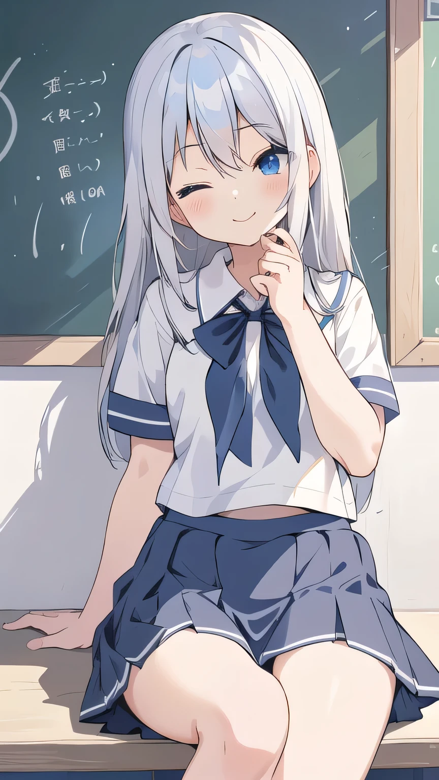 cute girl, アニメ, silver hair, straight hair, Blue eyes, (young:0.9), (small bust:0.5), (cute:1.3), (middle bust:0.8), (cute girl:1.2), cowboy shot, cute, side shot, (Smail:1.3), backwards, (white school uniform:1.6), (dark blue skirt:1.5), (ローアングル:1.4), close eyes, (cross legs:1.2), standing