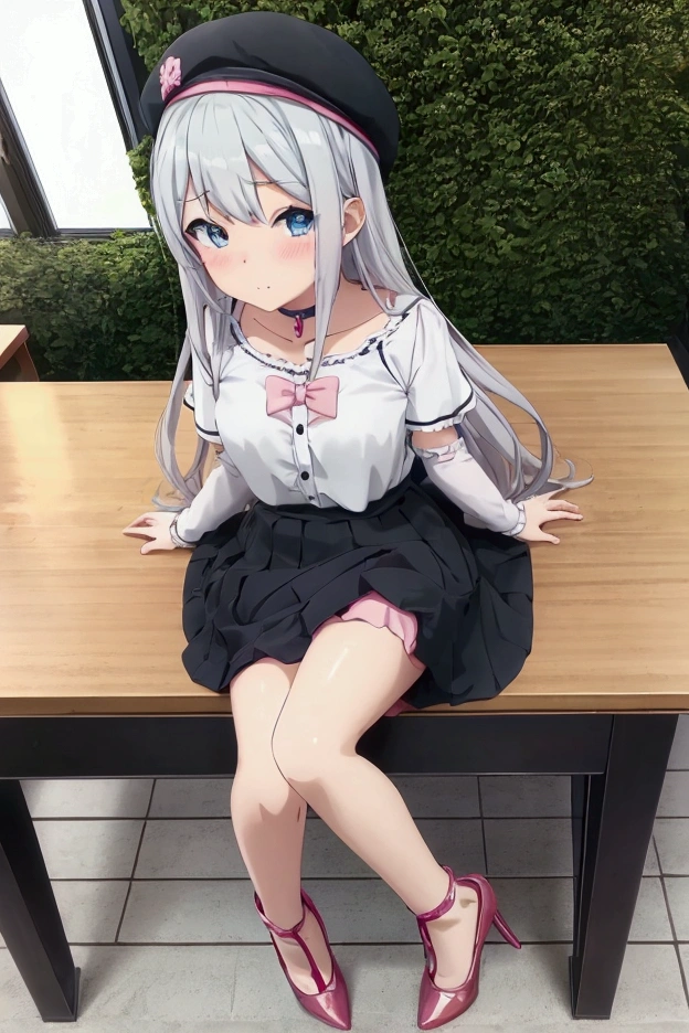 Rosy lips, Small waist and big hips, Big smile, Neck accessories, Small V-shaped hip bones, Firm buttocks, Full body, slim body, innocent and cute face, glowing skin, Short skirt, Arm accessories, Leg accessories, (((Spread your legs, Sit with your knees bent))))
