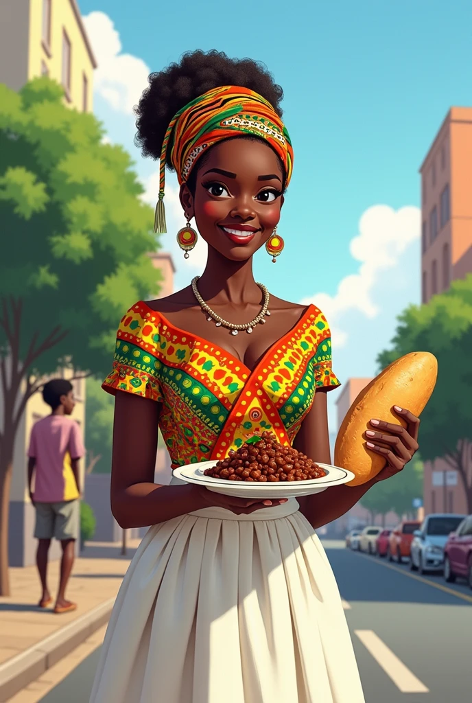 Make an illustration of the African culture present in Minas Gerais. Place an African woman in colorful African clothing but without exaggeration and a white skirt. Place her smiling. Place her in Belo Horizonte, in the city center, with sunny weather but with clouds in the background. Place a park and on the street. Place a typical African coming from Africa to Brazil. Place her with a feijoada in one hand and a cheese bread in the other.