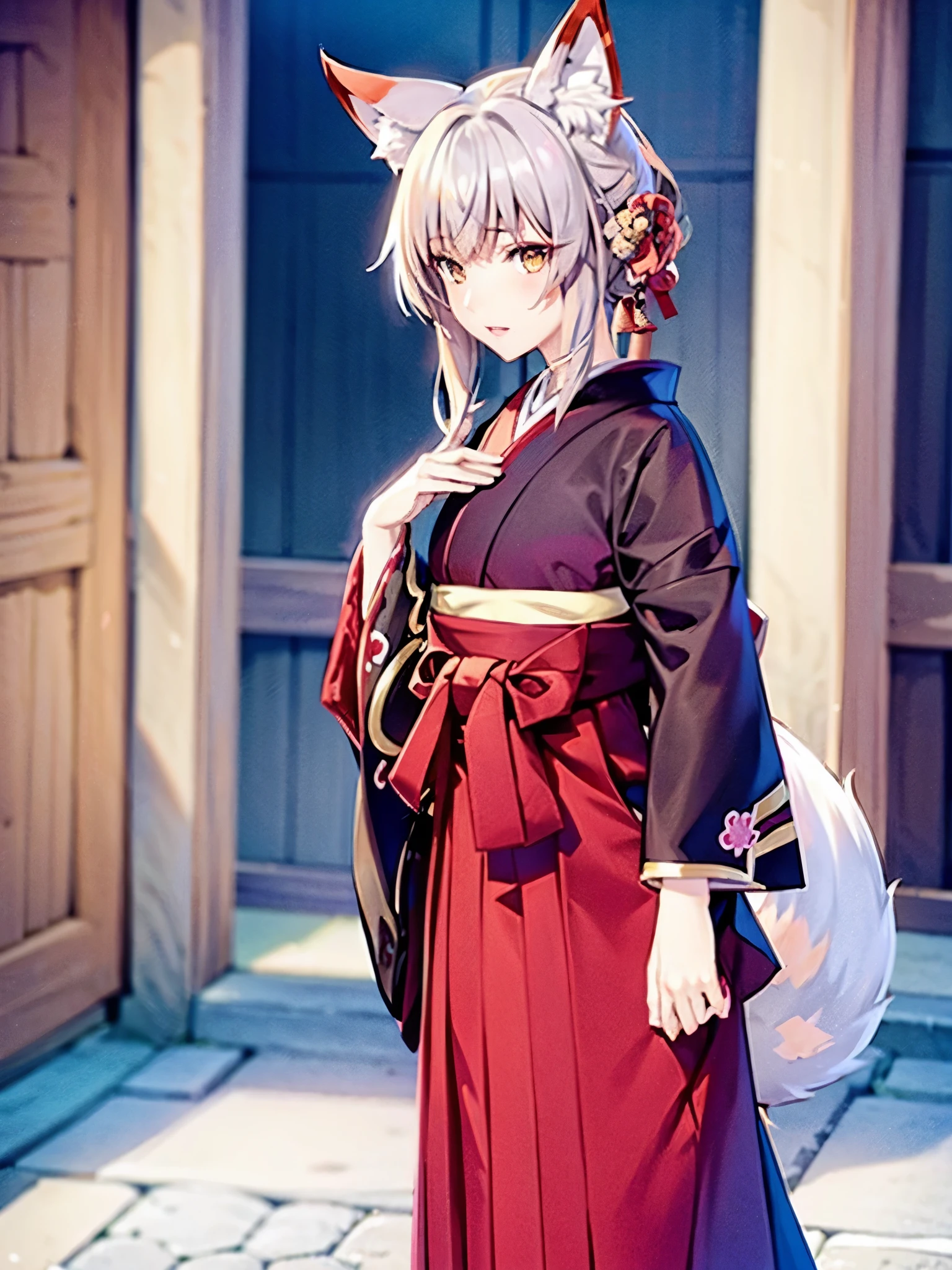 Anime, girl, fox ears, fox tail, big tail, bushy tail, big ears, hakama, furisode, Japanese town