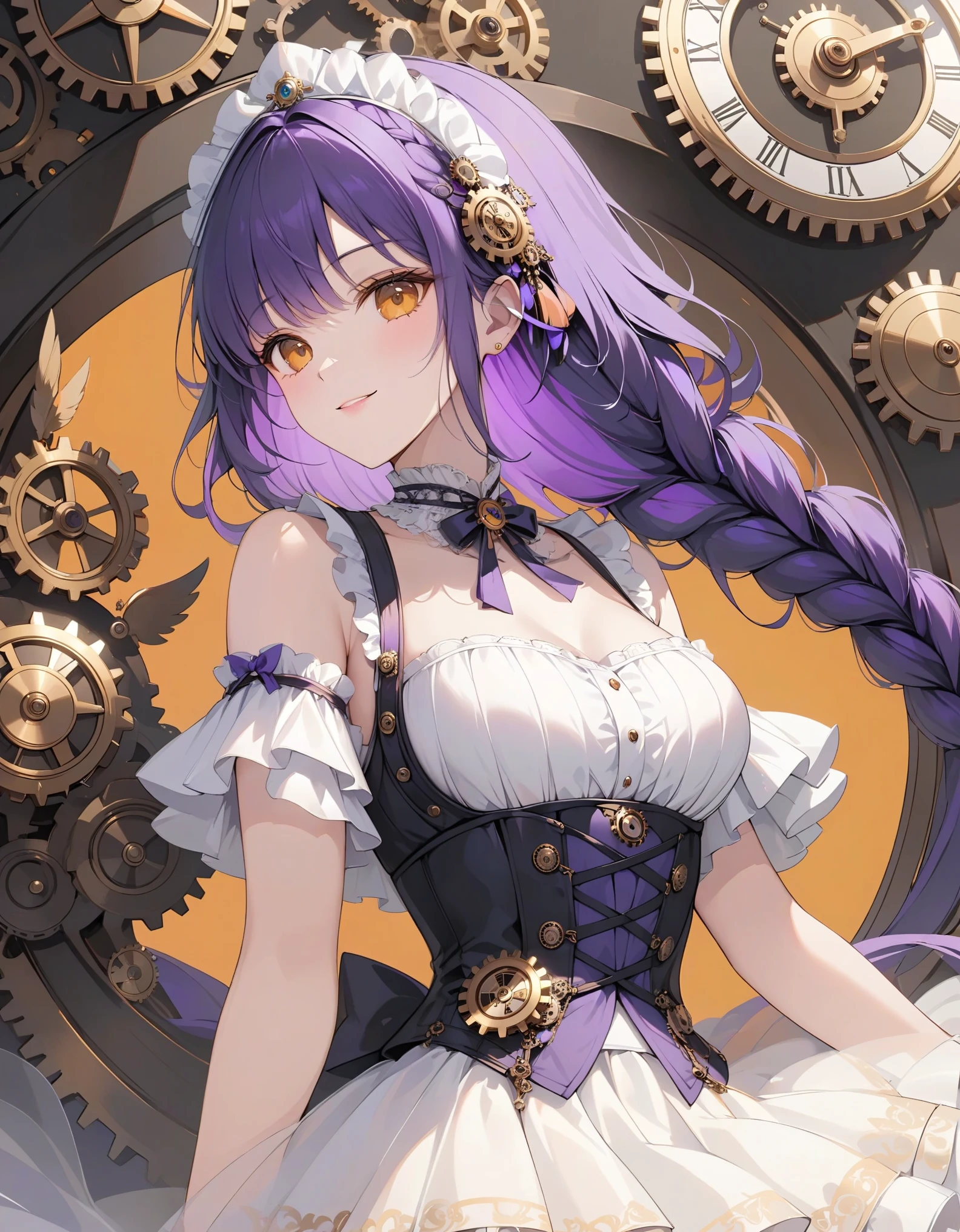 close-up, 1girl, solo, vibrant purple hair braided into intricate knots, amber eyes, smile, Victorian-inspired corset with intricate clockwork mechanisms, layered tulle skirt with gears and cogs, clockwork robot bird, antique shop, masterpiece, best quality, very aesthetic, absurdes.