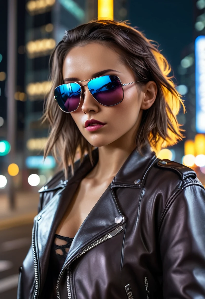 Cyberpunk，Female Model，sunglasses，Wearing a leather jacket，The street behind，at night，Skyscraper，Neon，Low camera position，Ultra-fine details，photography，4K