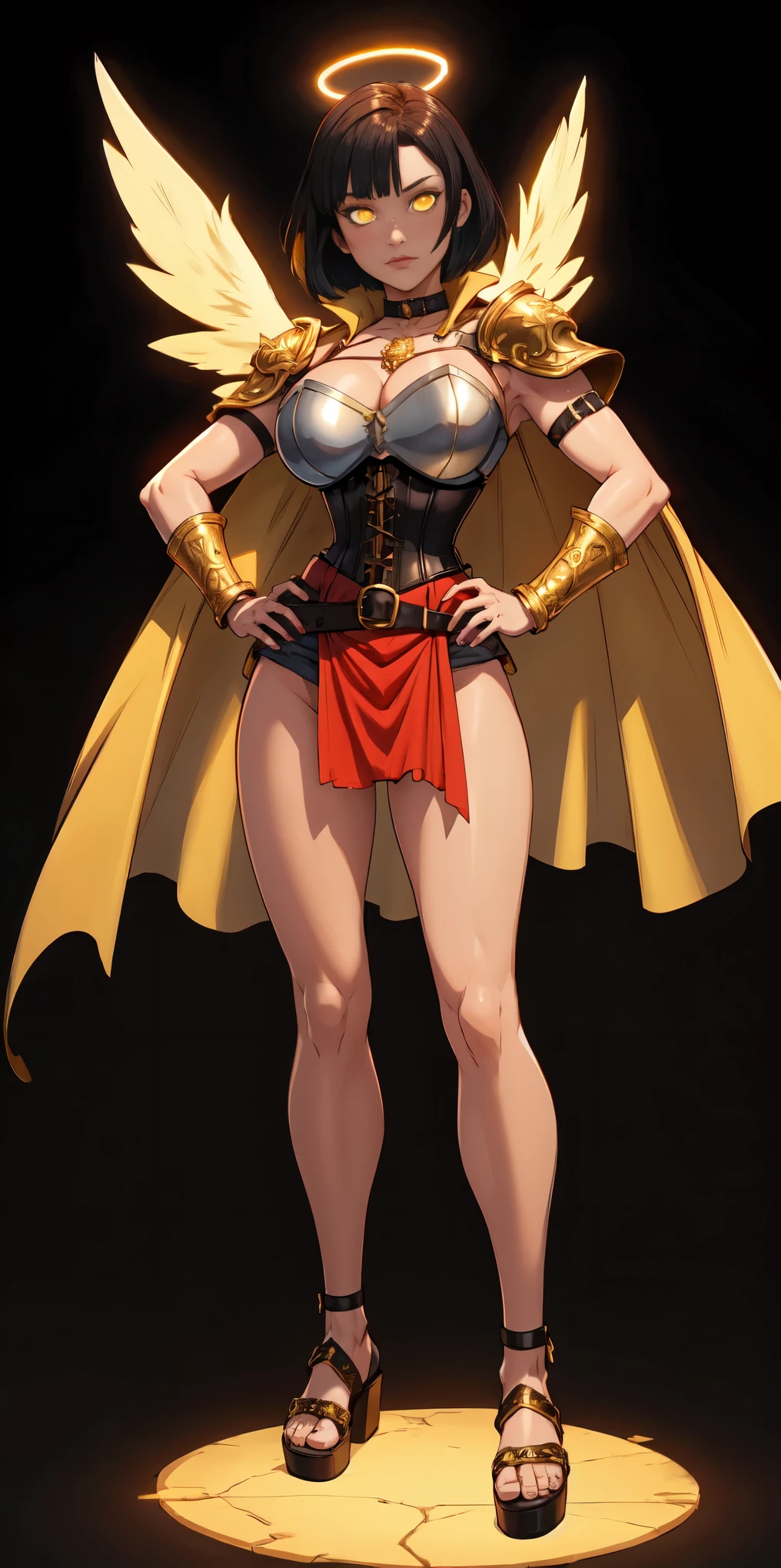 (Black background) paladin lady in ornate golden armor, black collar, pauldrons, breastplate, leather corset, glowing halo, short bob hair style, yellow glowing eyes, bright pupils, eye focus, red cape (full body, whole body, 1solo girl) fighter, loincloth standing, hands on hips, metal sandals, leather choker, big belt, view from below, feet together, bracers, tiara, feathers angel wings