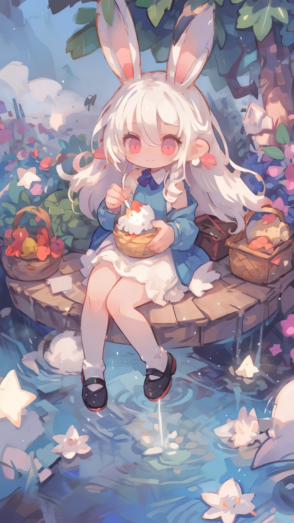 (((solo))),1girl\((3D Art:2.0),(Chibi:1.8),cute,kawaii,small kid,(white hair:2.0),(long hair:1.6),(rabbit ear:2.0),(rabbit ear is white:2.0),white dress,red eyes,big eyes,skin color white,big hairbow,eating lunch,sitting\), BREAK ,background\(sitting on the luncheon mat,some roses around,clear beautiful lake,lunch in the basket box,beautiful sunny day\),(3D Art),(from above:1.4), BREAK ,quality\(8k,wallpaper of extremely detailed CG unit, ​masterpiece,high resolution,top-quality,top-quality real texture skin,hyper realistic,increase the resolution,RAW photos,best quality,highly detailed,the wallpaper,golden ratio\),landscape,solo