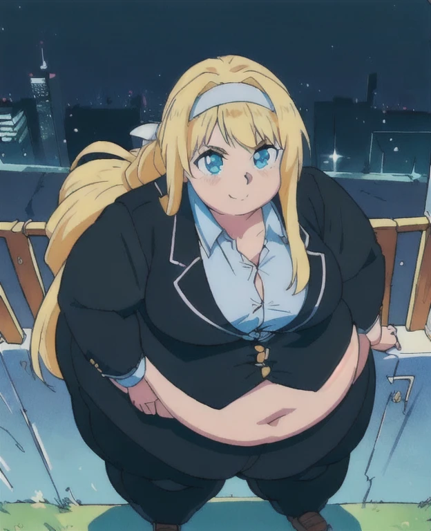 ((best quality, 4k, 8k, anime girl, masterpiece)), ((((beautiful extremely detailed face, beautiful eyes)))), glowing eyes, cinematic lighting, perfect anatomy, ((alice synthesis thirty)), (((chubby, SSBBW, very obese, extremely wide waist))), (((black jacket, blazer, buttoned, totaly fitting clothes, oversized clothes))), (full body view), ((blonde hair, glowing hair, long hair, brade, striped headband)), (((very wide waist))), (((fully clothed, fully concealed belly, inner shirt))), ((city lights, fence)), ((thick outlines, anime style, vibrant colours)), smile, low camera angle, sexy pose,