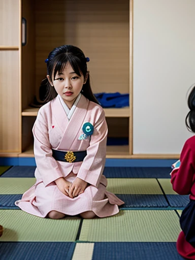 Japanese child, 3 years old, looking straight ahead, sitting with knees folded, wearing short Japanese clothes, dark room, scary atmosphere,