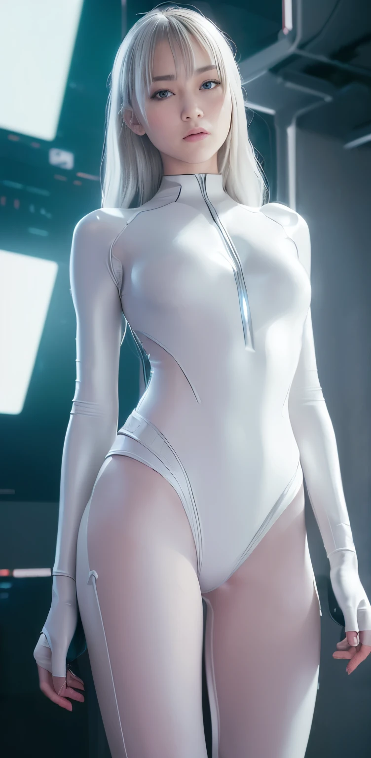 masterpiece、((White leotard))、 ((Plug Suit)), ((beautiful girl:1.2))、Body-fitting mecha leg rack metallic suit、Are standing、Tied up、((Cyberpunk background))、(Neon Light)、(Futuristic Machine Factory Background)、cyberdyne、beautiful girl、、Asian Beauty, (Actuator and cable exposed on abdomen.、Complex 3d rendering beautiful porcelain profile super detailedd female android face、150mm、Beautiful studio soft light、Rim Light、Sharp details、Gorgeous Cyberpunk、Ren Hao、Surreal、Anatomical、Facial muscles、Elegant、Beautiful background、Octane Rendering、HR Giger style、8k、Highest quality、masterpiece、Consciousness upward、Very delicate and beautiful、 very detailed CG、Unity、wall-、(Realistic、Realistic:1.37)、wonderful、detailed、masterpiece、Highest quality、Official Art、Highly detailedd CG Unity 8k wallpaper、Silver beads、Ezvian everywhere、Are standing