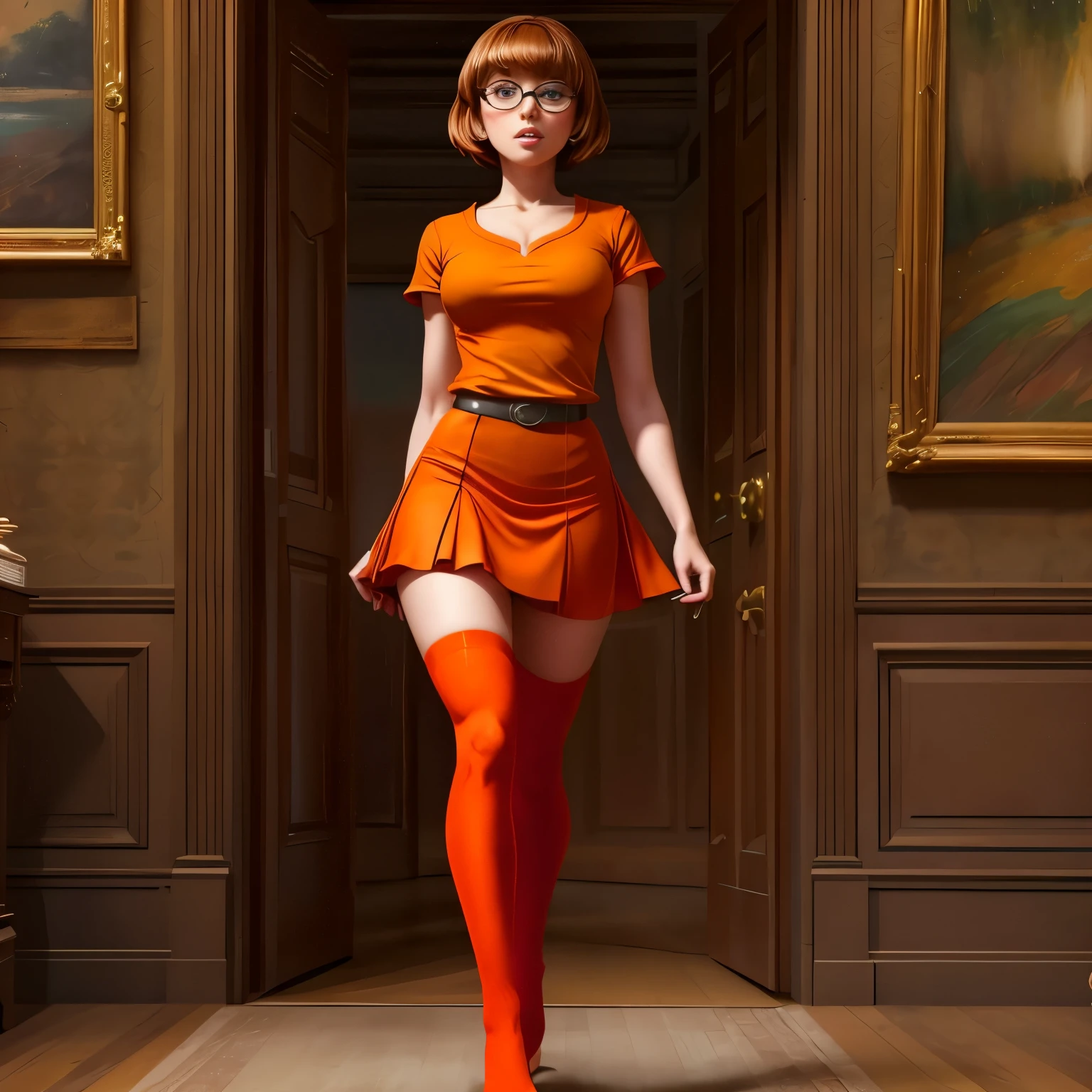 NSFW (nude) (Velma, sparse pubic hair), full body, in a spooky haunted house