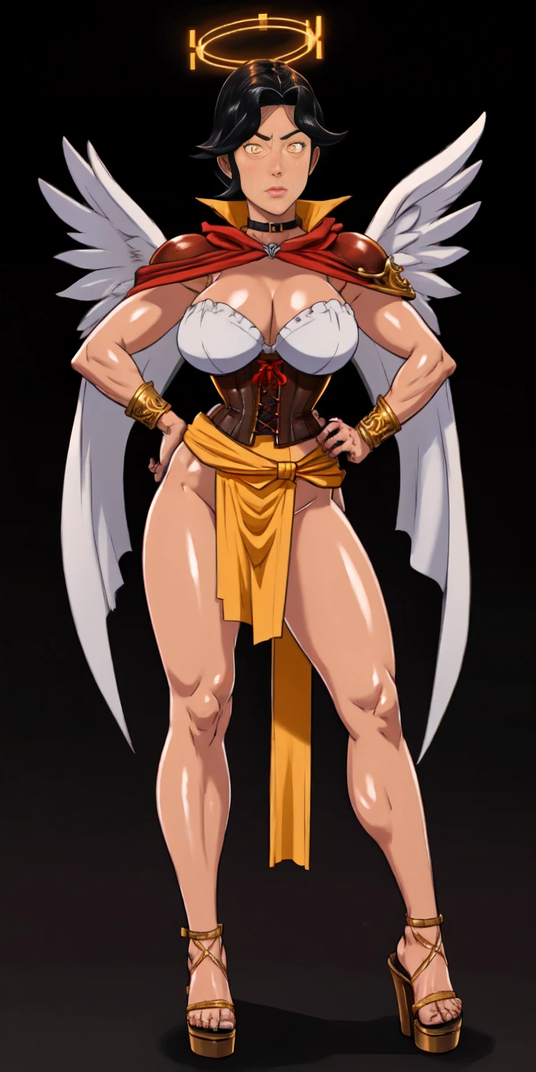 (Black background) paladin lady in ornate golden armor, black collar, pauldrons, breastplate, leather corset, glowing halo, short bob hair style, yellow glowing eyes, bright pupils, eye focus, red cape (full body, whole body, 1solo girl) fighter, loincloth standing, hands on hips, metal sandals, leather choker, big belt, view from below, feet together, bracers, tiara, feathers angel wings