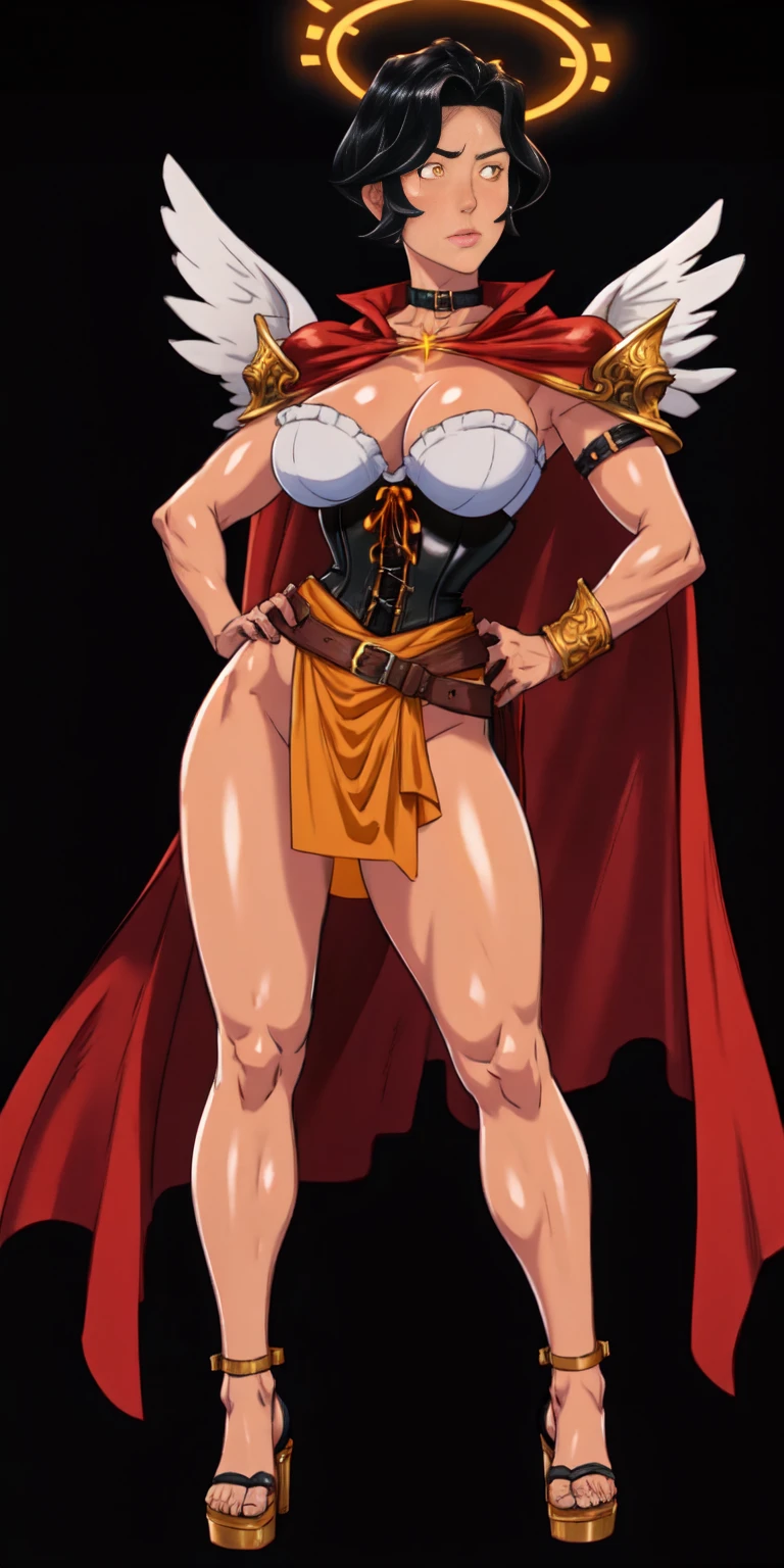 (Black background) paladin lady in ornate golden armor, black collar, pauldrons, breastplate, leather corset, glowing halo, short bob hair style, yellow glowing eyes, bright pupils, eye focus, red cape (full body, whole body, 1solo girl) fighter, loincloth standing, hands on hips, metal sandals, leather choker, big belt, view from below, feet together, bracers, tiara, feathers angel wings