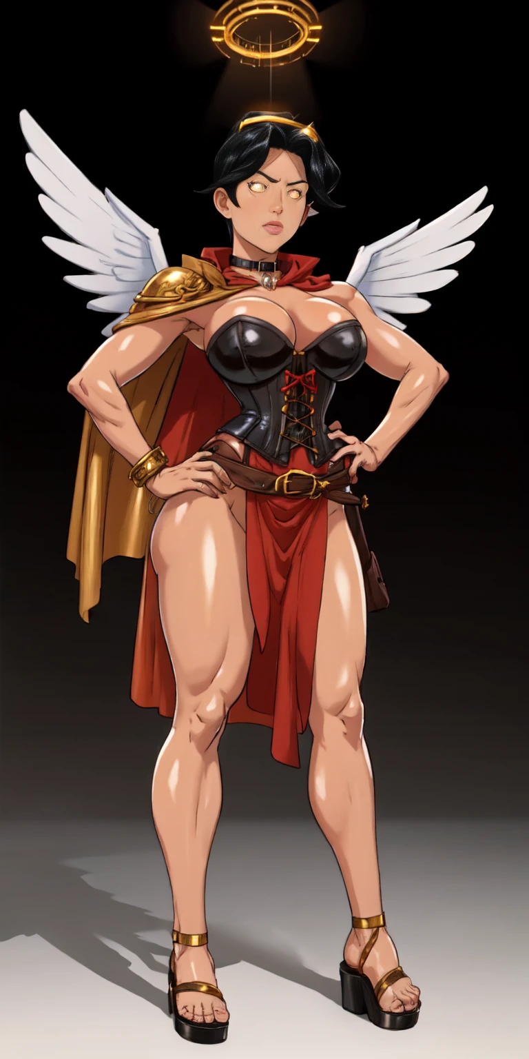 (Black background) paladin lady in ornate golden armor, black collar, pauldrons, breastplate, leather corset, glowing halo, short bob hair style, yellow glowing eyes, bright pupils, eye focus, red cape (full body, whole body, 1solo girl) fighter, loincloth standing, hands on hips, metal sandals, leather choker, big belt, view from below, feet together, bracers, tiara, feathers angel wings