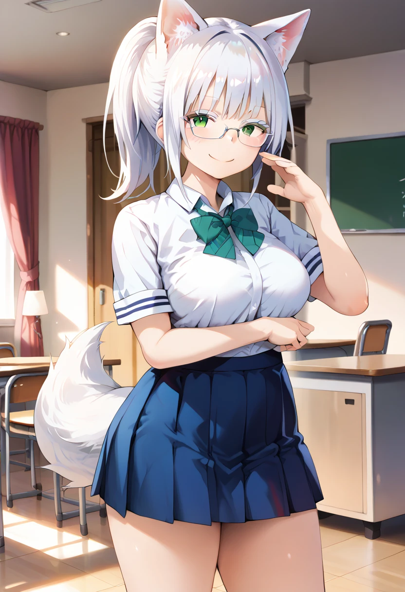 score_9, score_8_up, score_7_up, source_anime, masterpiece, absurdres, perfect face, solo cute expression, perfect face, 1girl, solo, white hair, animal ears, (white eyeliner) ,(green eyes), (white eyeshadow), (white eyelashes), FujisakaLP, bangs, long hair, wolf ears, wolf tail, wide thighs, wide hips, smiling,(mature woman), (big breasts:0.8), best quality, ultra high res, ponytail, extremely detailed face, perfect lighting, ultra high res, ultra detailed, nancy1, looking at viewer, living room, smile, blush, standing, close up view, andiraaa, school uniform, glasses, collared shirt, blue skirt, green bowtie, red ribbon