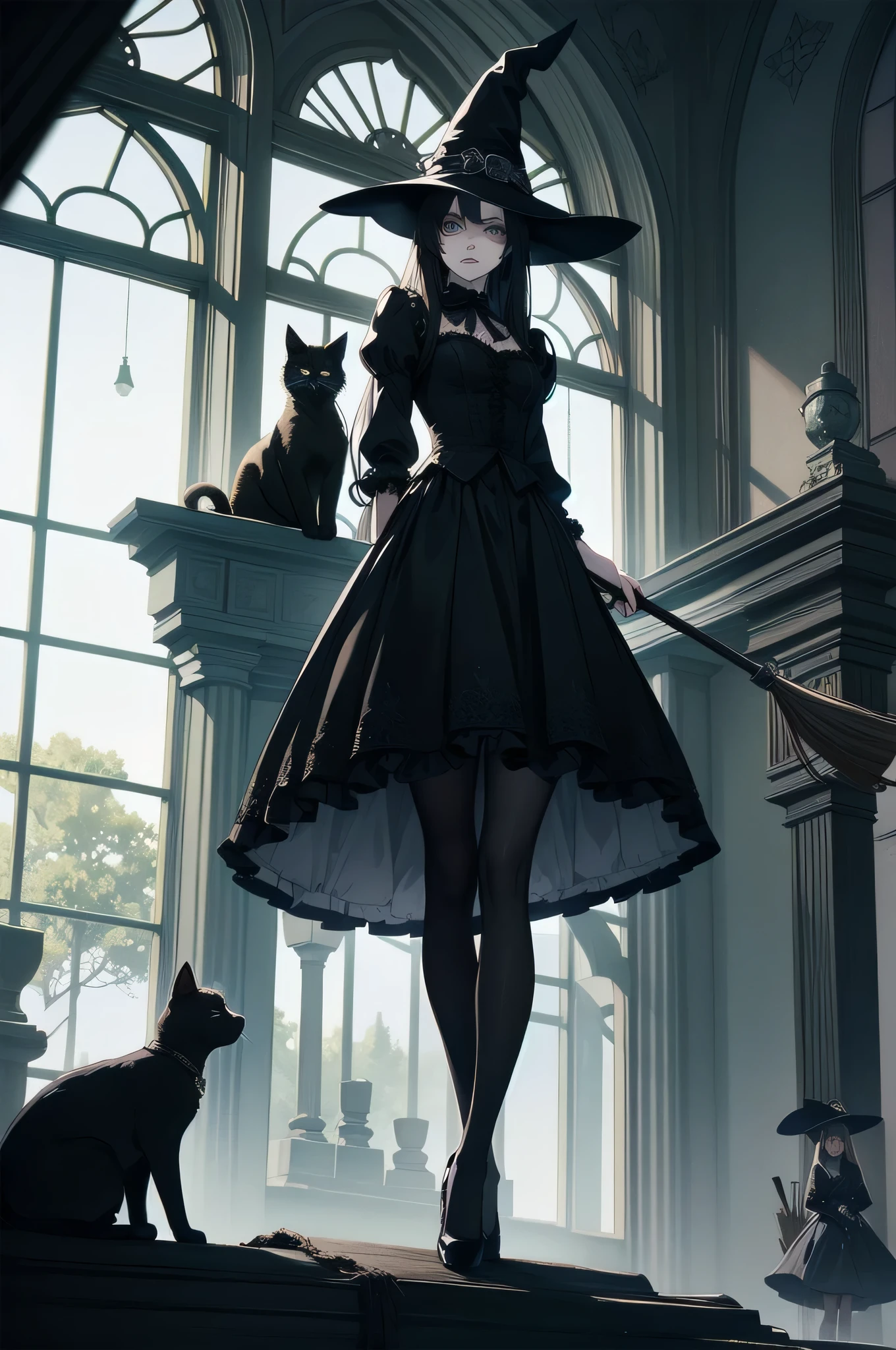 beautiful girl、cute、、Glasses、Black Hair、Long Hair、Straight Hair、Bangs、bangsBangs、Hime cut、Mine system、Long skirt、Black pumps、Magic Broom、Witch's Broom 、witch、witch hat、beautiful girl、Gothic Dress、Long Dress、Big Breasts、Slim body、There is a black cat at your feet、2 black cats、(Best Quality,4K,High resolution,Masterpiece 1.2),Very detailed,Real 1.37,Spooky altar background,Dark fantasy,Black color scheme,Ominous atmosphere,Eye-catching,Storytelling,Anime Style,Concept Art,Inappropriate behavior,,beautiful, Delicate facial features, pale Skin, Dark background、Dim lighting、Dark background, Cinema Lighting, Dramatic Shadows, Gothic, Gloomy atmosphere, Dark fantasy, One person&#39;S, Red cheeks, ,(Expressionless 1.3),Scary smile, Creepy Smile,Twisted Smile、Creepy background,(Spooky atmosphere 1.3),Horror Style, ((Frilled black costume)), ((Flowing Black Hair)), Female Curves, Sexy flat stomach, Perfect hands, Perfect anime character face, (Black Dress)), Standing, ((Wicked Smile)), ,(Dark fantasy1.3), Moonlight Illumination, night lighting, (Blood splatter 1.3),Anime Angel Design, GothicArchitecture、Victorian architecture、Western architecture、Fantasy World、,Victorian city, Skeleton Gas Light,Absurd, High resolution、 ((Tabletop)), ((Best Quality)), (Very detailedな), ((Very detailed)), (beautiful), ((cute)), One personで,(1.6)、beautiful face、Full Body Ezbian、pale, beautiful肌、Big Breasts、beautiful black hair、Long Hair、Smiling Kindly、Dark building ruins、(snow white&#39;Frill dress 1.3)、(The dark ruins are 血まみれ 1.3)、Low angle full body shot、(Glasses 1.2)、(Creepy 1.3)、(The girl lost a lot of blood..............1.3)、(Crazy Smile 1.6)、（Glasses 1.5）、Wearing Glasses、Droopy eyes、Glasses、Gothic Dress、bangs, Long Hair, Black Hair、bangs、Hime cut、Dark fantasy 、background、black lace blouse、黒のフリルLong skirt、There is a black cat at your feet、