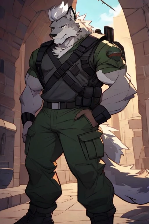 A Upper Body And Right Side Body Picture of A Very Muscular Furry style Gray Wolf. he is wearing Full Long Dark Green Soldier military Suit outfit. He is looking at the viewer. The background is only solid white nothing but just white. His hair is spikey and messy. He have A gray hair. He have a little smile with blushes on his face in shyness. He have a very long tail. he have gray eyes. his one hand is in his pockets while his other hand is sratching his head. he is standing in the background,