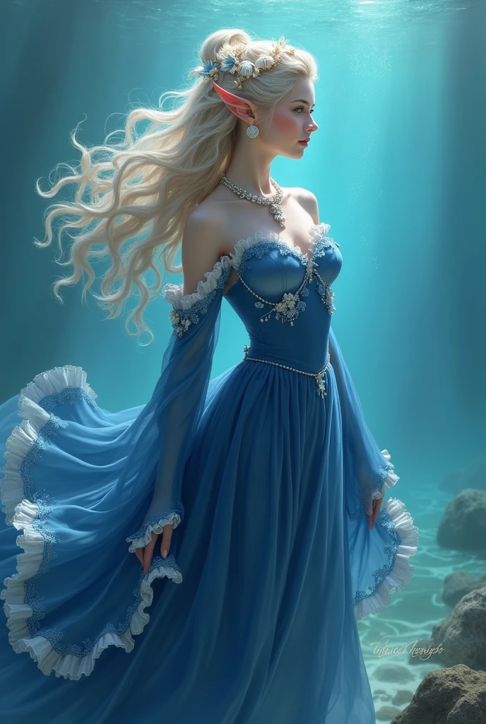 Masterpiece, Top Quality, Best, Official Art, Beautiful and Aesthetic, Long Exposure: 1.2) Smooth Movement, Fascinating Patterns, 1 Girl, (No Cleavage: 1.4) (Long Dress with Sleeves: 1.3) Blue Long Dress (small breasts: 12) bare shoulders, underage Russian woman, freckles, hair solo, upper body, watcher, detailed background, detailed face, (crystallineAl, crystalline theme: 1.1), elemental water sprite, spinning water, control Water, diamond clothes floating particles, ethereal dynamics, water, vapor, ocean in the background, blue tones, coast, ethereal atmosphere