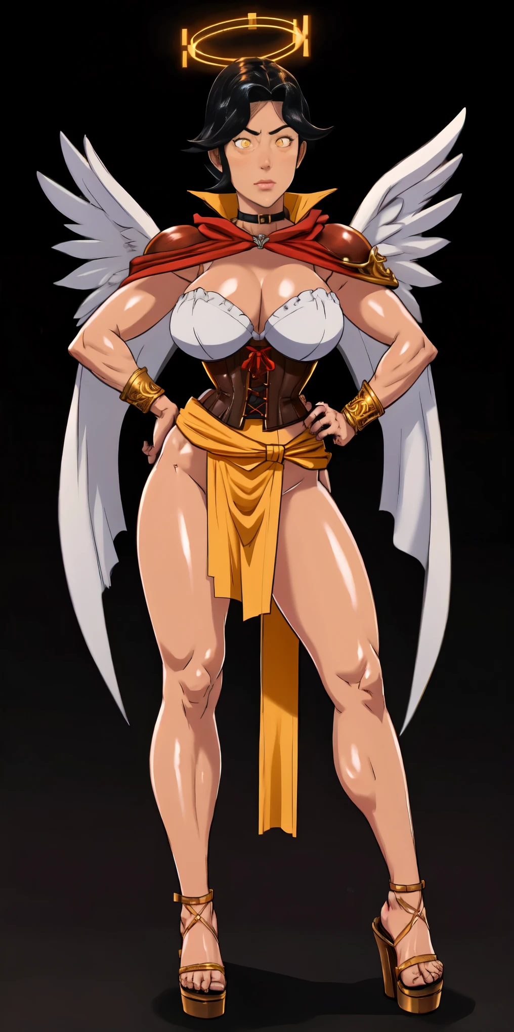 (Black background) paladin lady in ornate golden armor, black collar, pauldrons, breastplate, leather corset, glowing halo, short bob hair style, yellow glowing eyes, bright pupils, eye focus, red cape (full body, whole body, 1solo girl) fighter, loincloth standing, hands on hips, metal sandals, leather choker, big belt, view from below, feet together, bracers, tiara, feathers angel wings