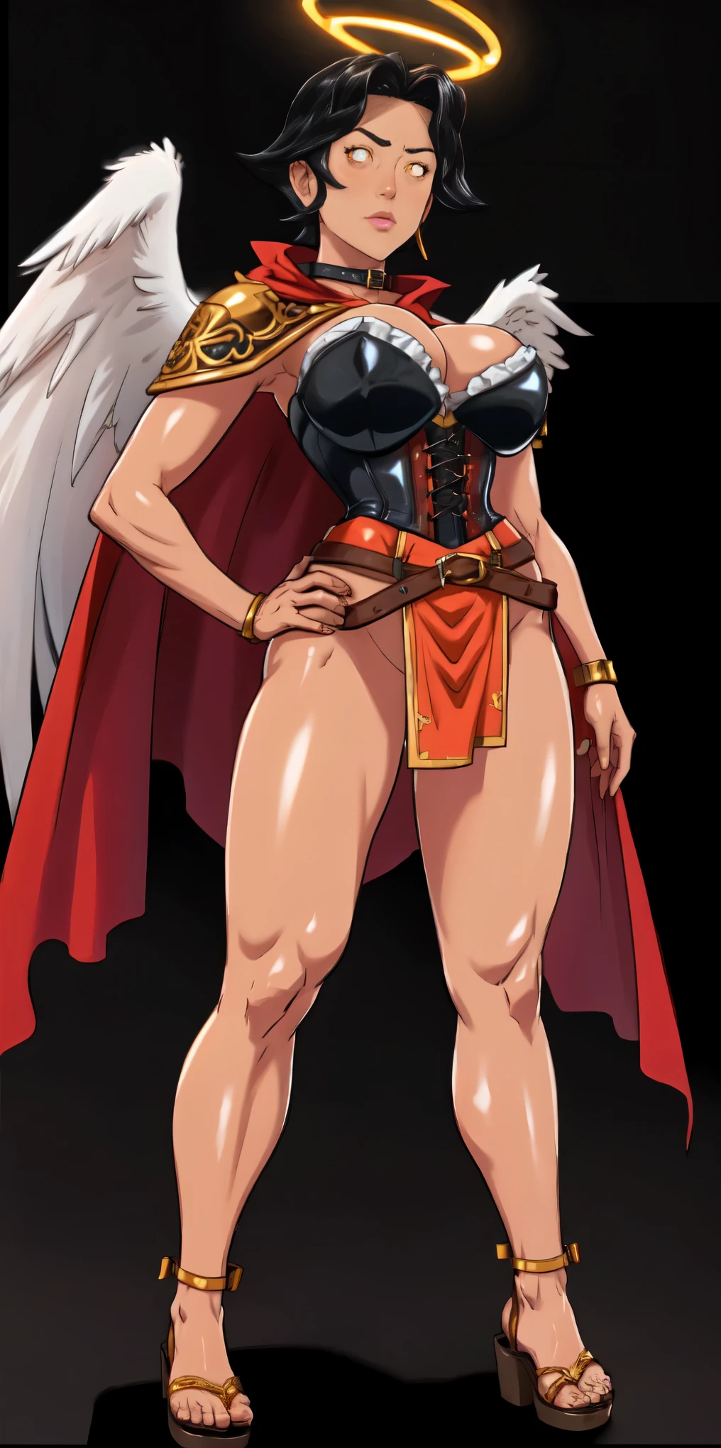 (Black background) paladin lady in ornate golden armor, black collar, pauldrons, breastplate, leather corset, glowing halo, short bob hair style, yellow glowing eyes, bright pupils, eye focus, red cape (full body, whole body, 1solo girl) fighter, loincloth standing, hands on hips, metal sandals, leather choker, big belt, view from below, feet together, bracers, tiara, feathers angel wings