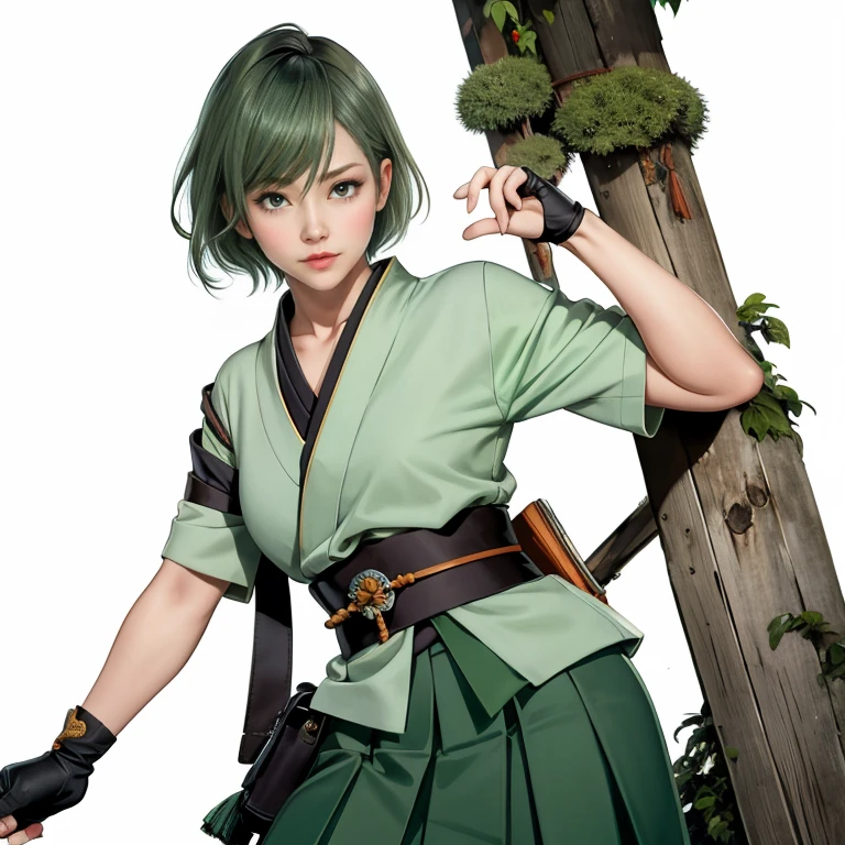 masterpiece,best quality,extreme detail,8k,white background,green hair,realistic,Pale green eyes,tamakidoa,1girl,solo,looking at viewer,short hair,skirt,gloves,brown eyes,japanese clothes,fingerless gloves,sash,obi,hakama,hakama skirt,