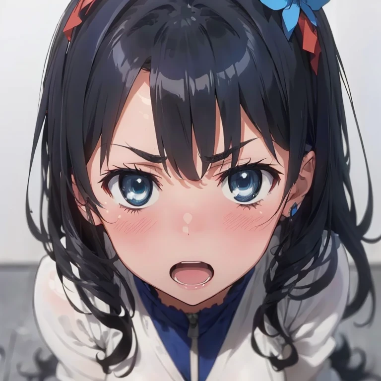 1 Female,Black Hair, ,((Annoyed expression)),Beautiful breasts,(((Sexy magical girl white and blue high leg bodysuit)))(())(((Blushing、Surprised expression)),((())),((( Portrait))),blue eyes,(((The front hair is even)))()street,crowd(Magical Girl Hair Ornament)