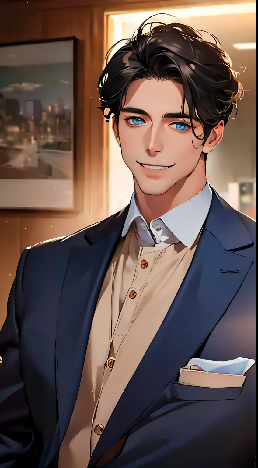 (best quality, work of art, 8k, photorealistic, cinematic lighting, 1:4 HDR image, ultra detailed, beautiful picture), a mature man, 3 very handsome, ((expression in love and smiling at his beloved wife)), short grey black hair, blue eyes, perfect face without mistakes, ((buttoning the jacket, CEO))