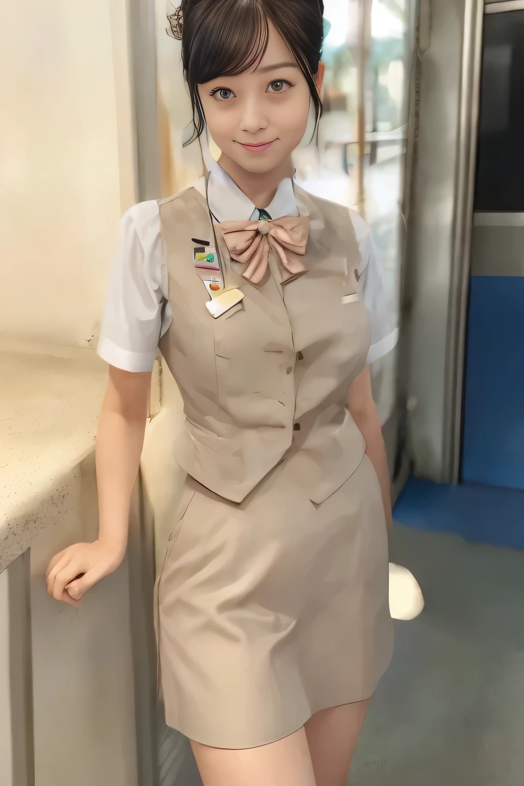 (masterpiece:1.2, Best Quality:1.2), 32K HDR, High resolution, (Alone、1 girl)、（On the roof of a building during the day、Professional Lighting）、Building rooftop background、（Real style of JR Woman wearing train crew uniform beige）、（（JR Female Train Crew Uniform Beige Light Blue Blouse Short Sleeve 、 Knee-length culottes skirt、Beige vest、scarf））、Dark brown hair、（Long Hair、Hair tied up、Hair tied up）、Dark brown hair、Long Shot、Big Breasts、Thin legs、（（Great hands：2.0）），（（Harmonious body proportions：1.5）），（（Normal limbs：2.0）），（（Normal finger：2.0）），（（Delicate eyes：2.0）），（（Normal eyes：2.0））)、smile、（JR Woman Train crew uniform beigeのKnee-length culottes skirtを見せた美しい立ち姿）、Hands down