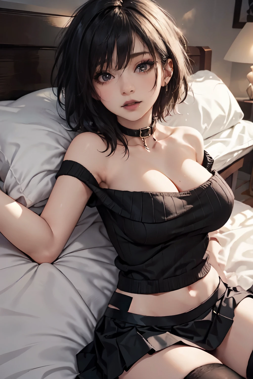 Girl, woman, emo_hairstyle, black lipstick, dog collar, eyeliner, eye shadow, smoky eyes, realistic lighting, short hair, cleavage, sleeveless midriff sweater, off shoulder, strapless, shiny skin, arched back, big breast, short skirt, prone, lying, on stomach, bed, thick thighs, thighhighs. Dog, back, from behind.