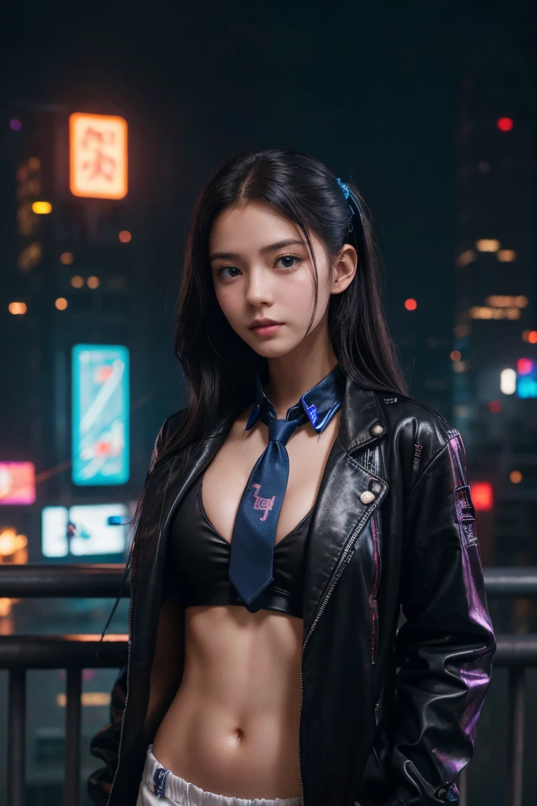 (masterpiece、Best Quality、Best Quality、High resolution、Real、RAW Photo 8k)、(SF、Cyberpunk night cityscape、Cyberpunk night neon city:1.2)、European Girls、Bright deep blue eyes、Sharp Eye、Thin Nose、Beautiful Face、1 female、beautiful girl、Junior high school students、Long, straight, black hair blowing in the wind、Glowing hairpin:1.2、Toned body、(Cyberpunk Junior high school students uniform:1.1)、Belly button、Glowing Tie、Lined jacket、Drink juice、Walking while drinking juice、Medium Shot、underboob:1.1